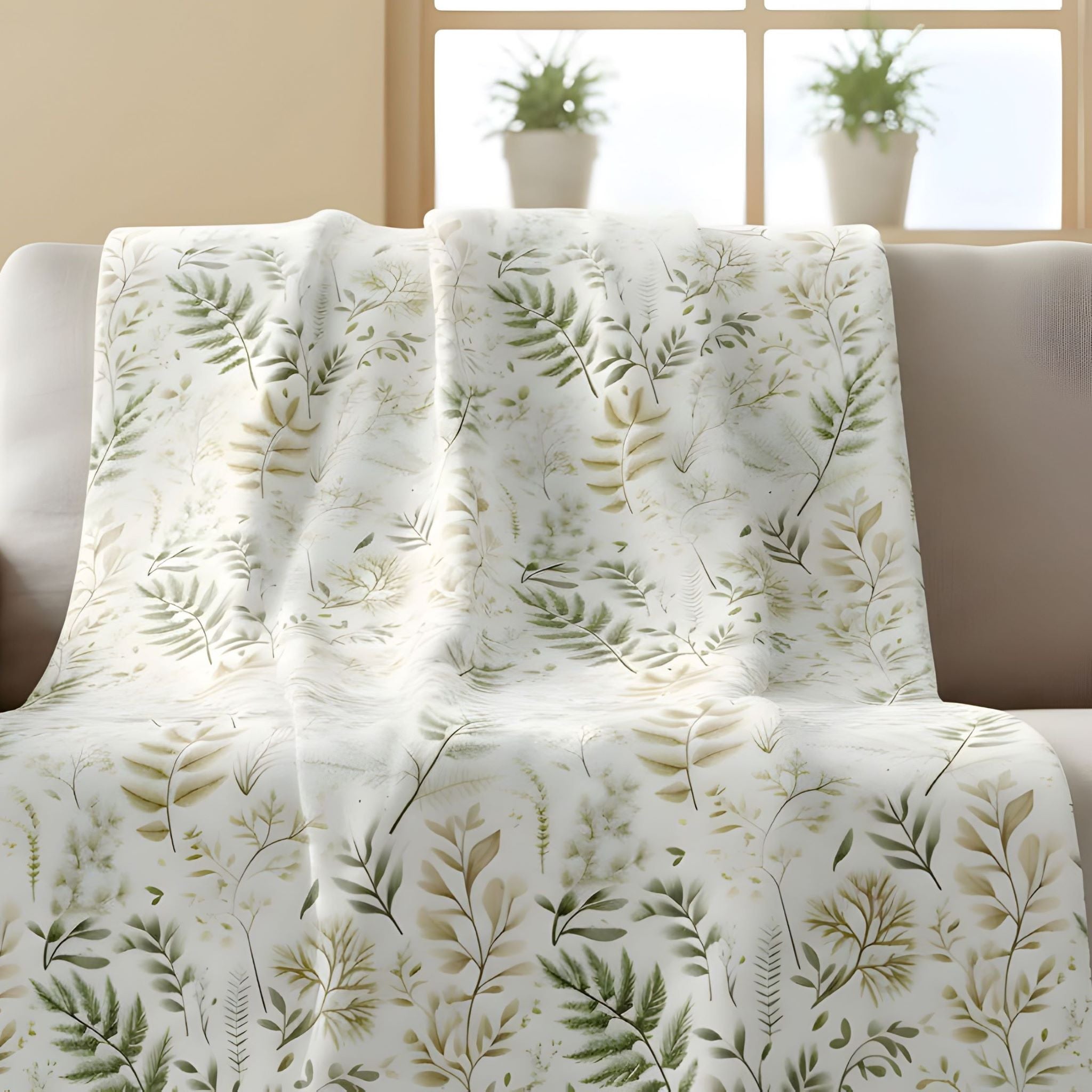 Botanical sherpa throw blanket draped over a white sofa with soft green and beige foliage print.