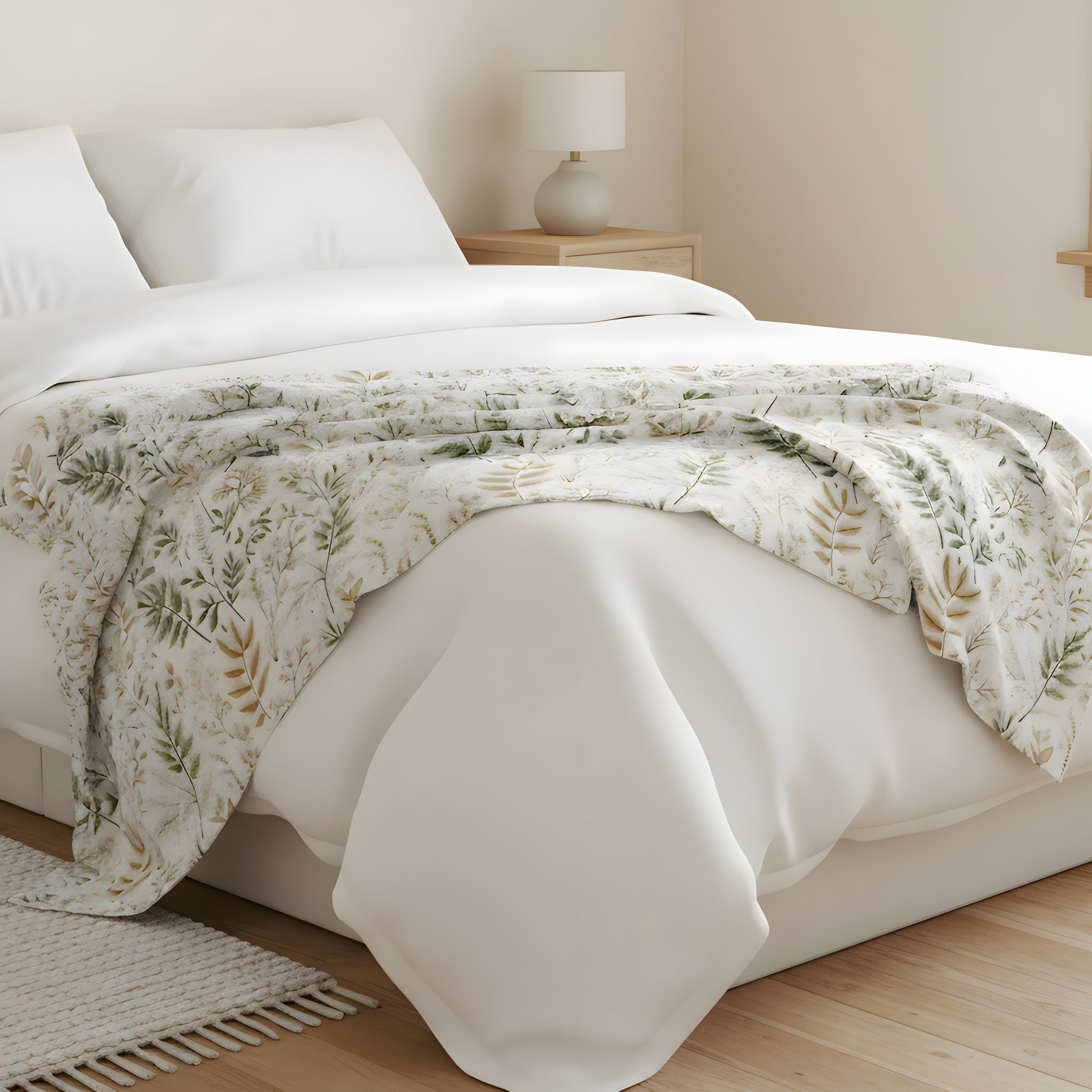 Botanical sherpa blanket layered over a bed with soft greenery print and light neutral bedding.