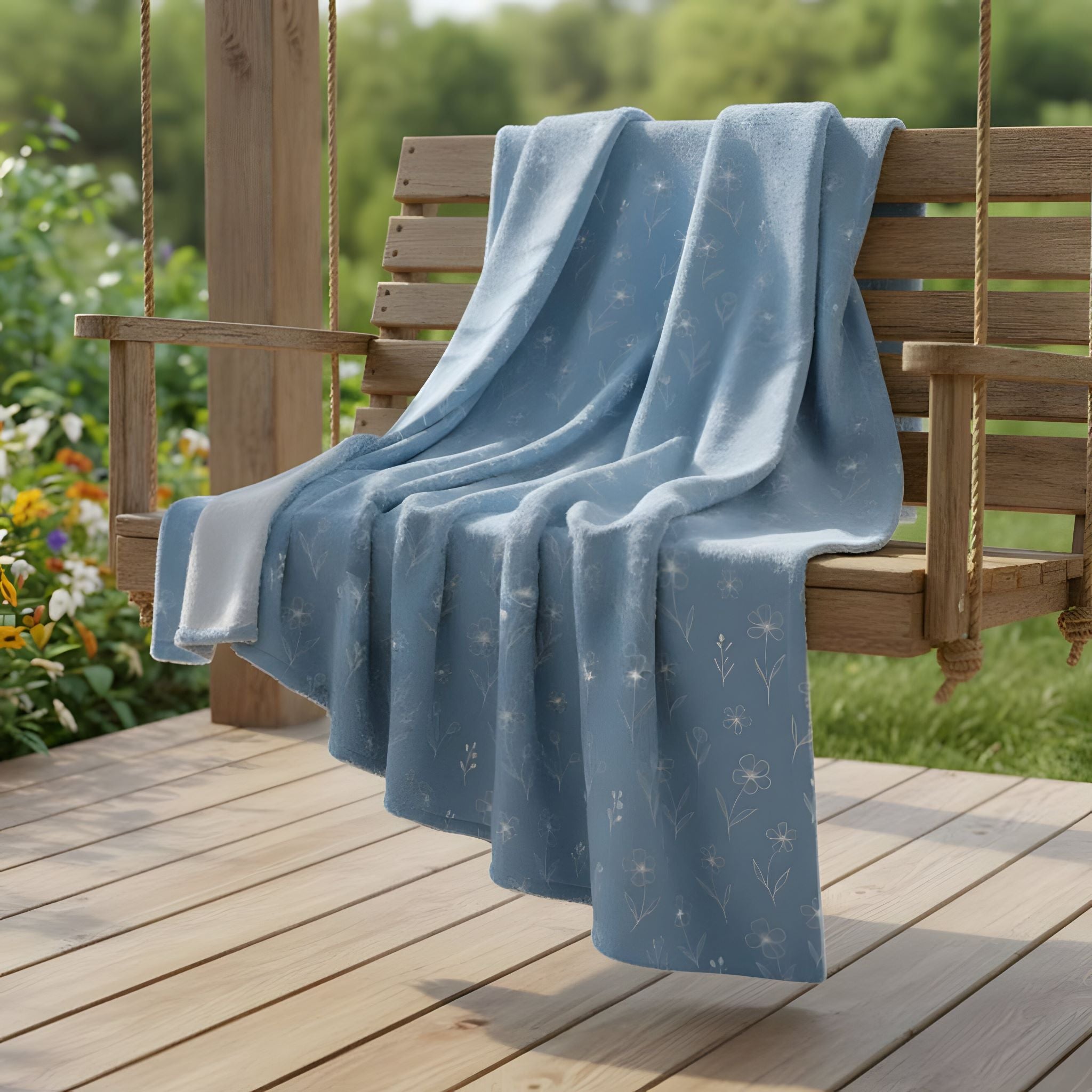 Blue floral throw blanket draped over a wooden swing on a wooden deck.