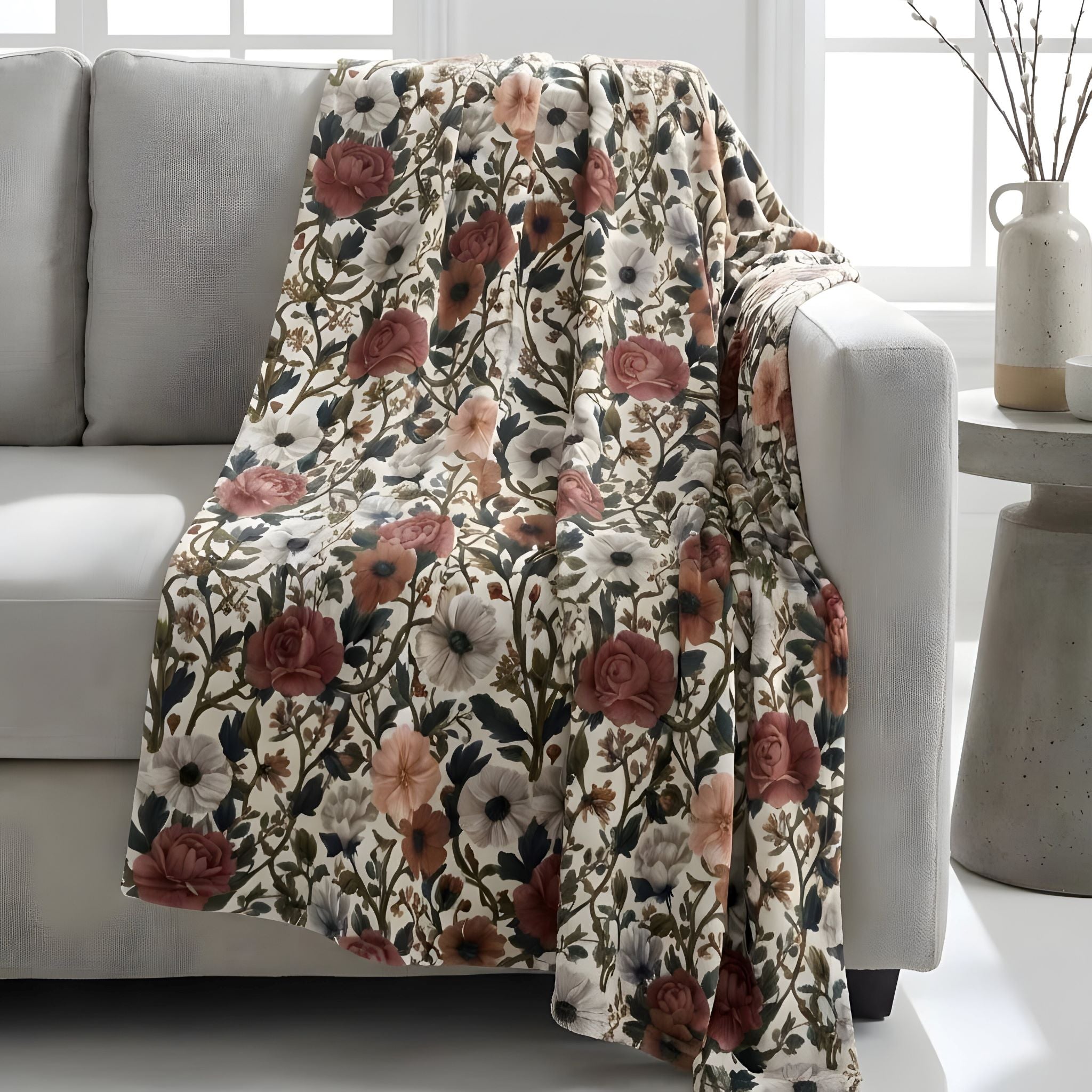 Floral patterned blanket draped over a gray sofa in a bright living room.