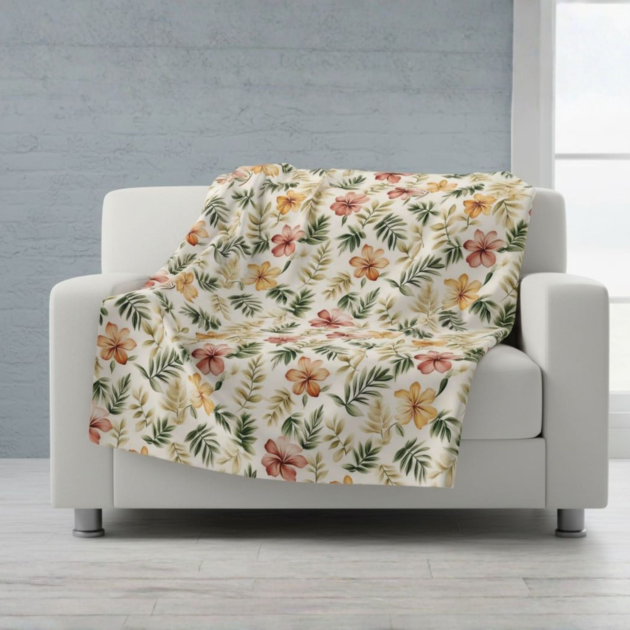 Floral coastal Mediterranean throw blanket for chair in velveteen or sherpa with cream and green pattern.
