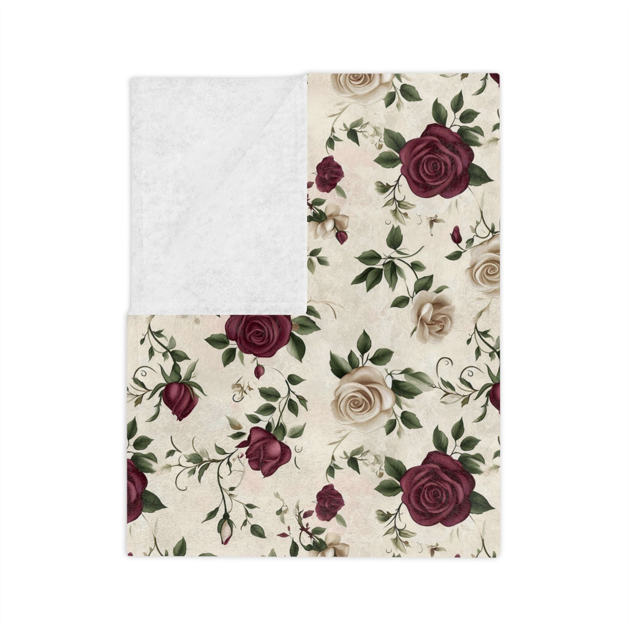 Chateaucore vintage rose throw blanket in velveteen or sherpa with burgundy and cream floral pattern.