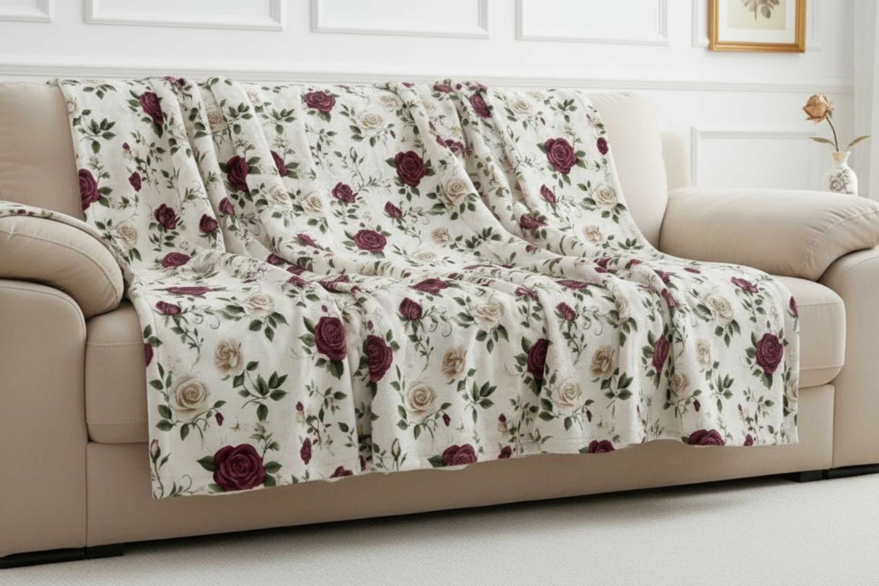 Timeless vintage rose throw blanket on a sofa in velveteen or sherpa, with a burgundy floral print.