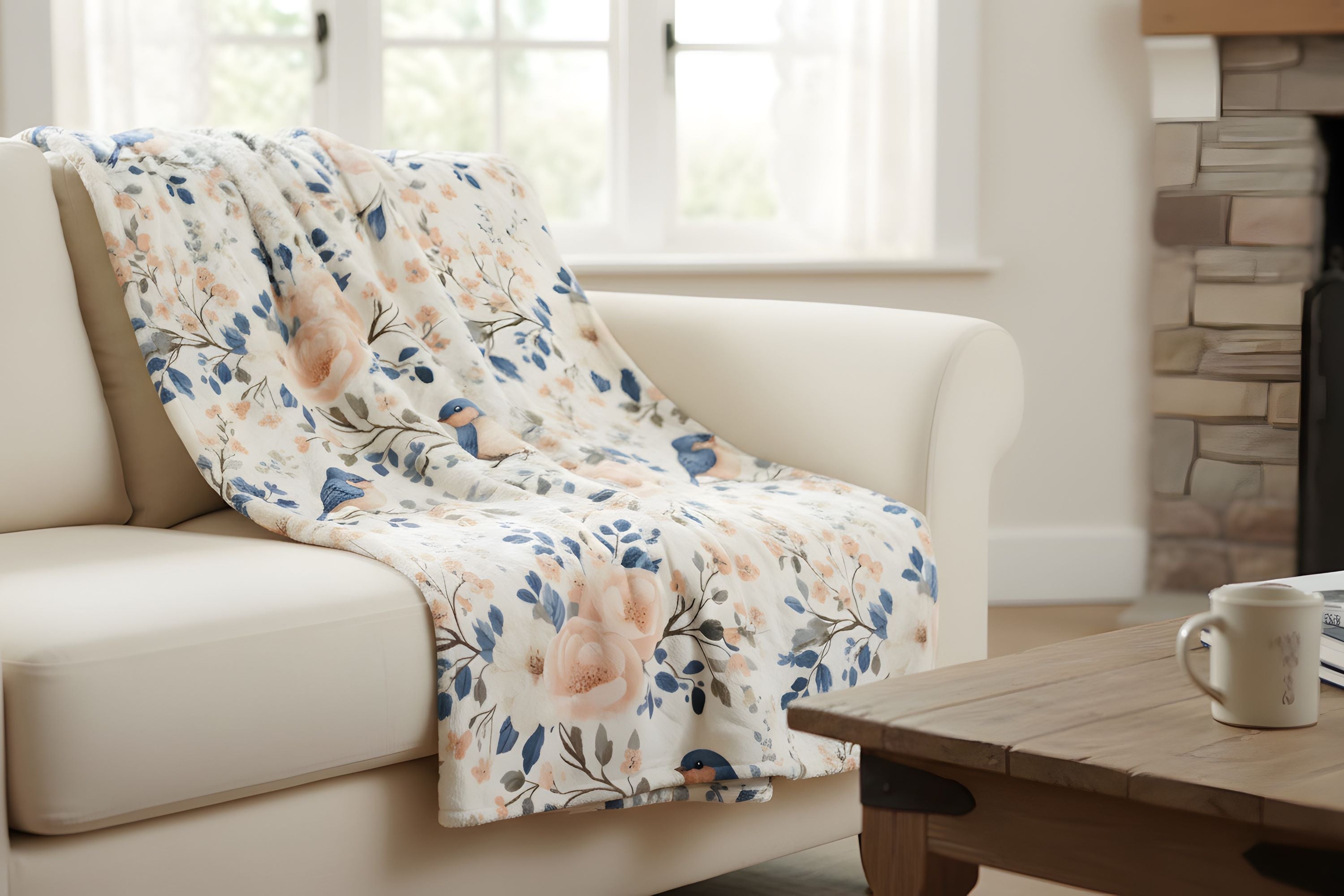 Spring bird and floral velveteen throw blanket draped over a light sofa near a fireplace.