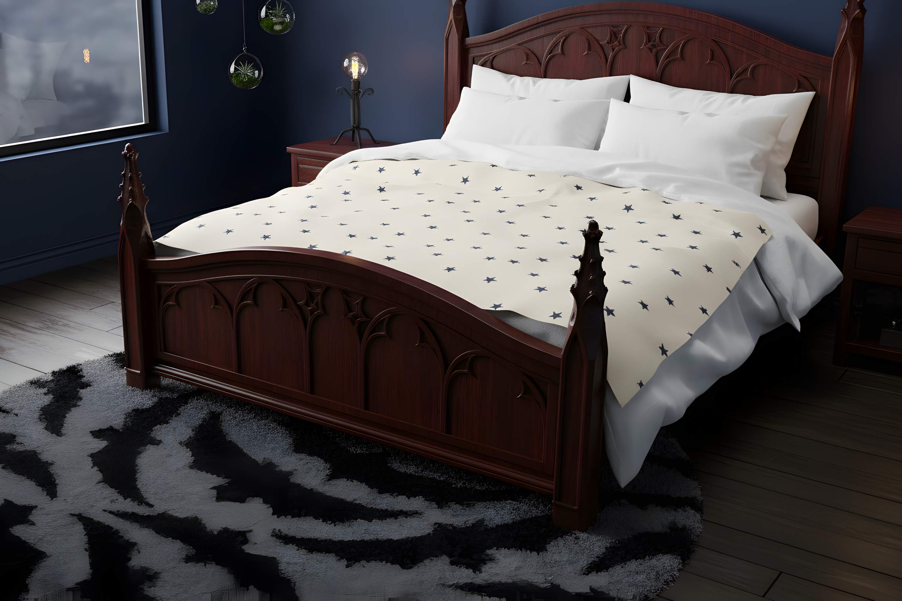 Celestial star blanket styled on a bed with sherpa backing and soft neutral decor