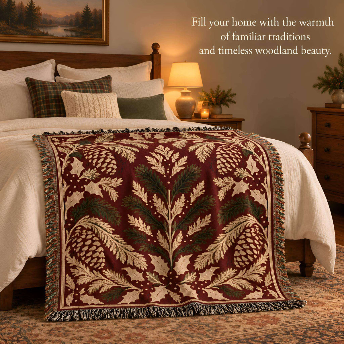 Red Christmas woven cotton throw blanket draped over an armchair beside candlelight, adding classic holly and pinecone style to a festive room.