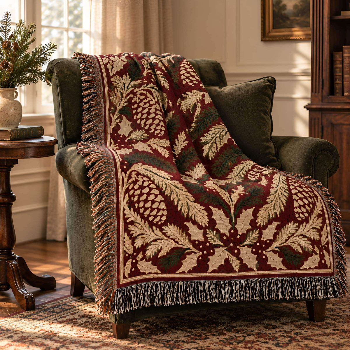 Red holly and pinecone woven throw blanket styled over a dark armchair in a warm Christmas living room with seasonal greenery.