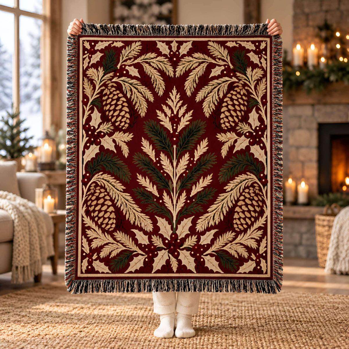 A person holds up a large woven throw blanket in a cozy living room. The blanket features a festive Christmas pattern with pinecones, holly leaves, and berries in deep burgundy, cream, and dark green, with fringed edges.