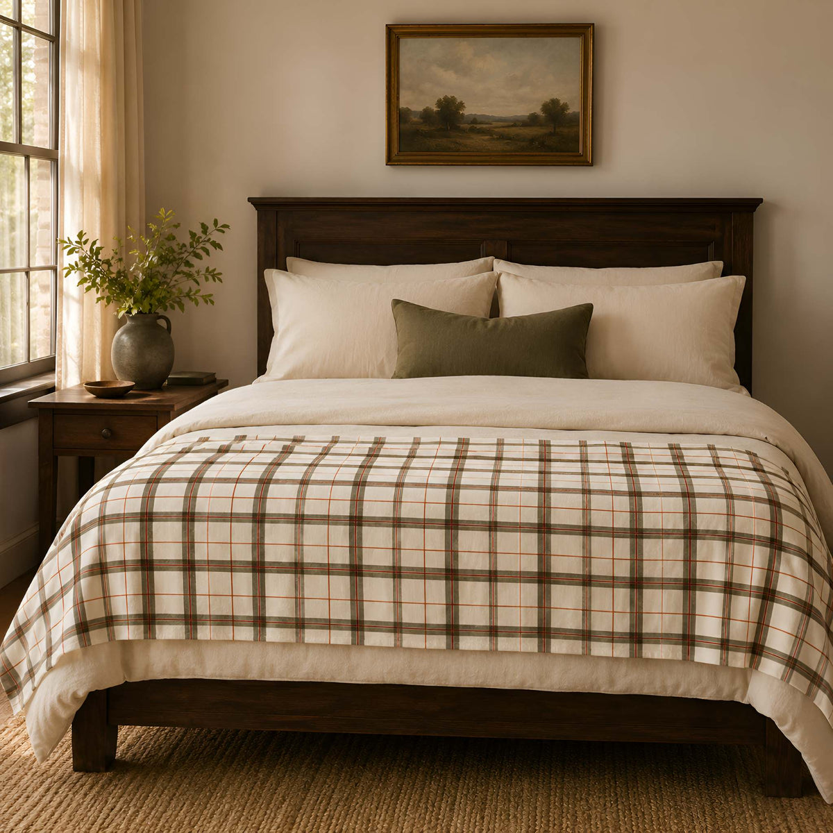 A neatly made bed in a warm, rustic and Autumn bedroom setting, featuring a cream and brown plaid comforter, white pillows, a dark wood headboard, and a small olive green accent pillow.