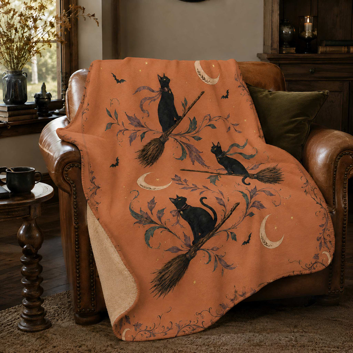 Witchy Black Cat Sherpa Blanket, 50 × 60 in | Witchlight Familiar