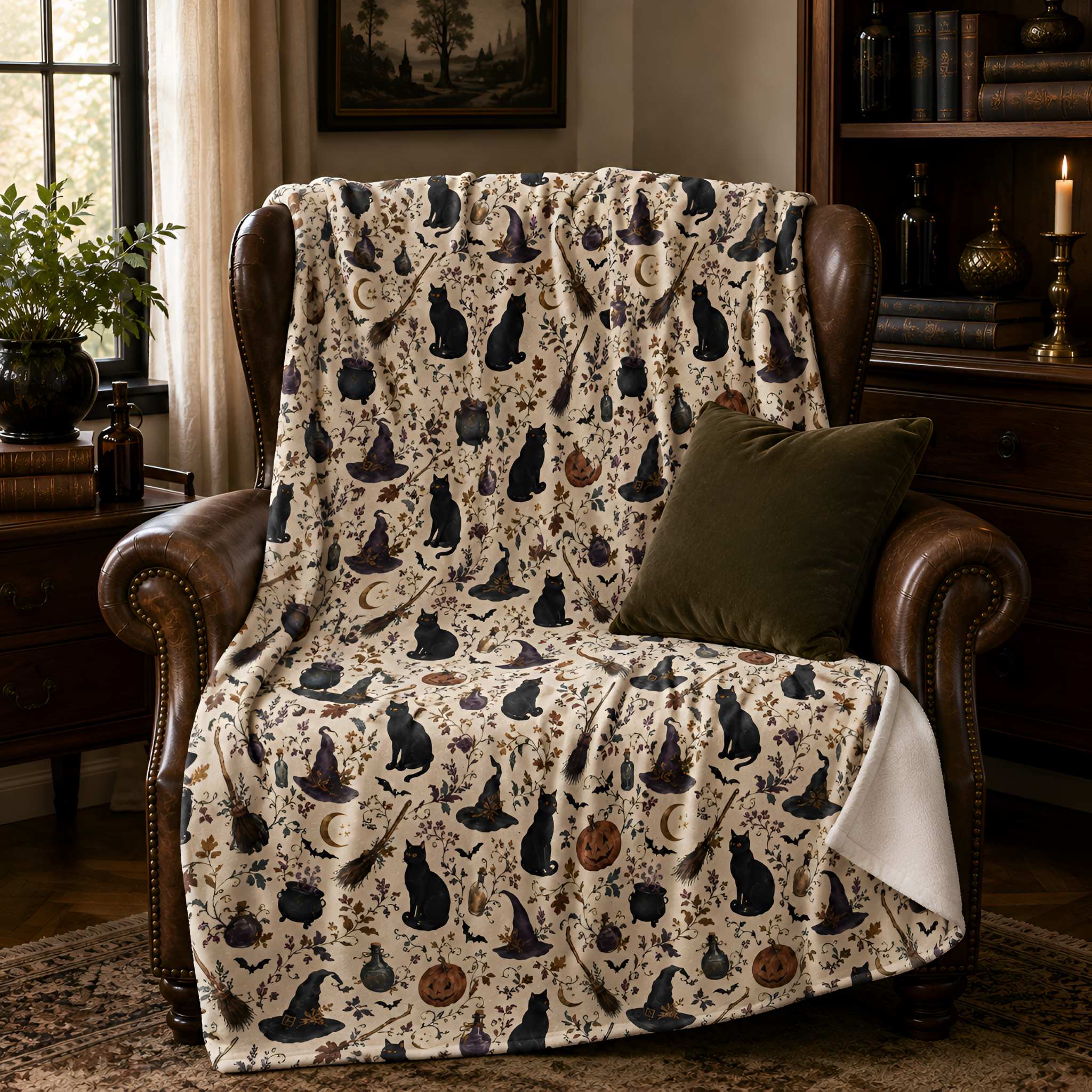 An ivory Halloween blanket with a witch themed print featuring cats, cauldrons, brooms, and pumpkins, draped over a brown leather armchair in a cozy, dimly lit living room.
