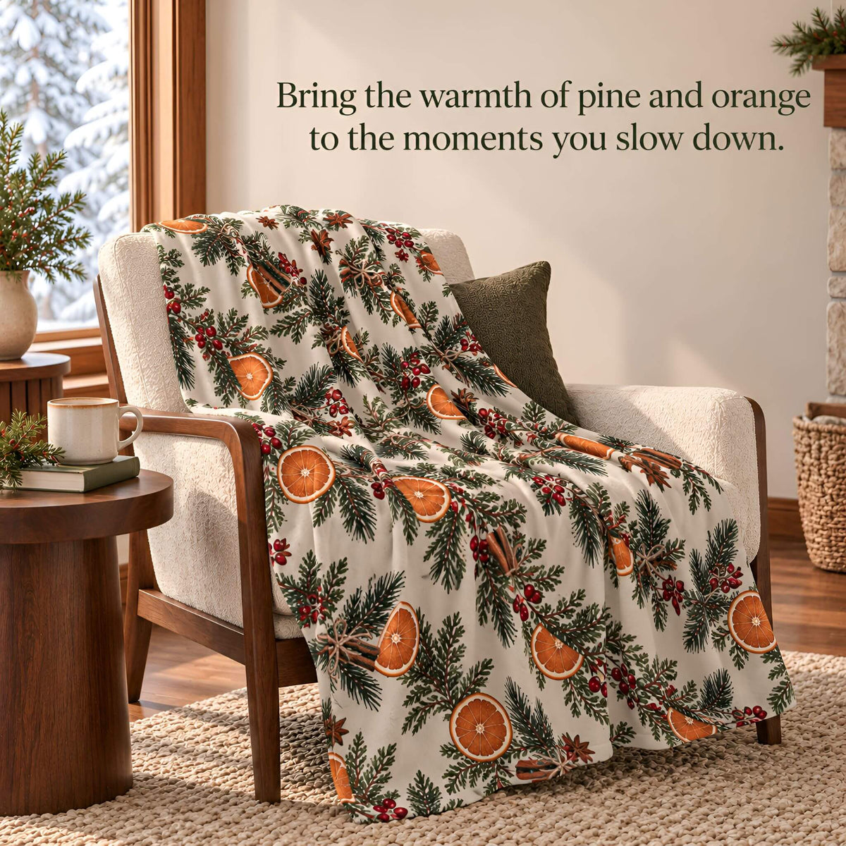 Pine Citrus sherpa blanket draped over a living room chair with its winter citrus pattern visible.