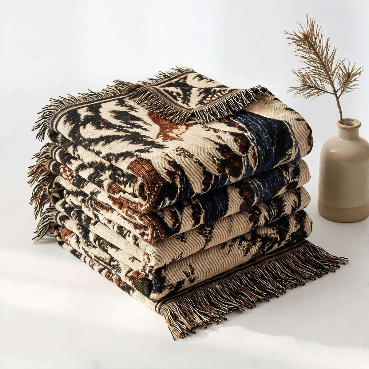 A stack of folded patterned fringed throw blanket in ivory, brown, black, and blue tones, styled on a light surface beside a small vase with dried branches.