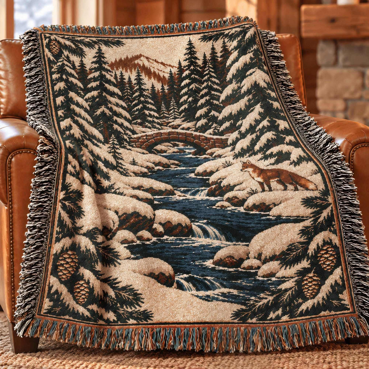 A woven throw blanket with a winter forest and stream scene, draped over a brown leather armchair in a cozy room with a fireplace and window.