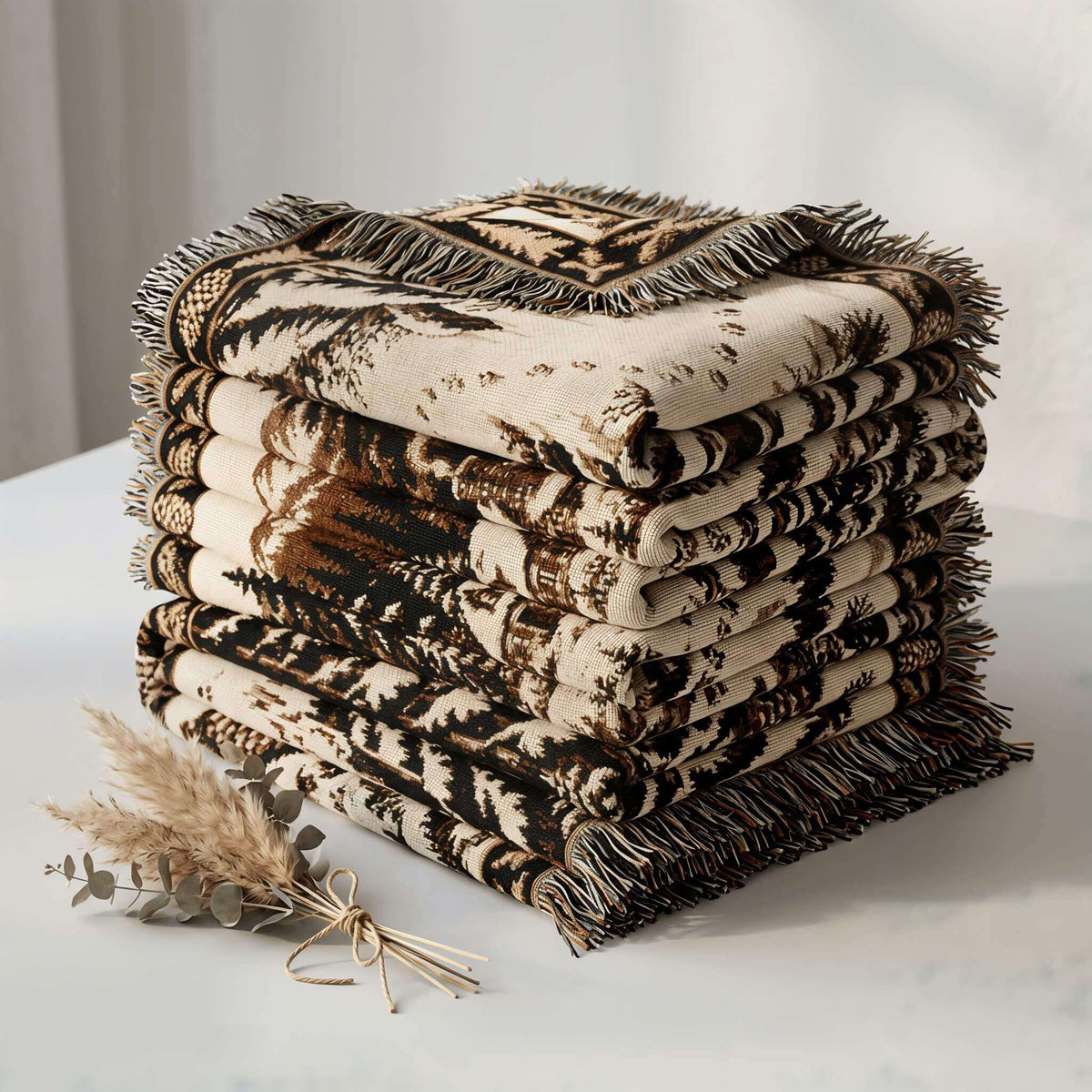 A stack of folded patterned throw blankets with fringe, displayed on a light surface with dried grass stems beside them. The blankets feature a dark brown and cream abstract landscape-style pattern.