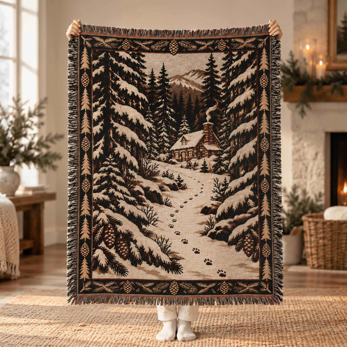 A large woven throw blanket with a winter forest scene is held up in a cozy living room. The blanket features a snowy path leading to a cabin, framed by pine trees and decorated with fringe on the edges.