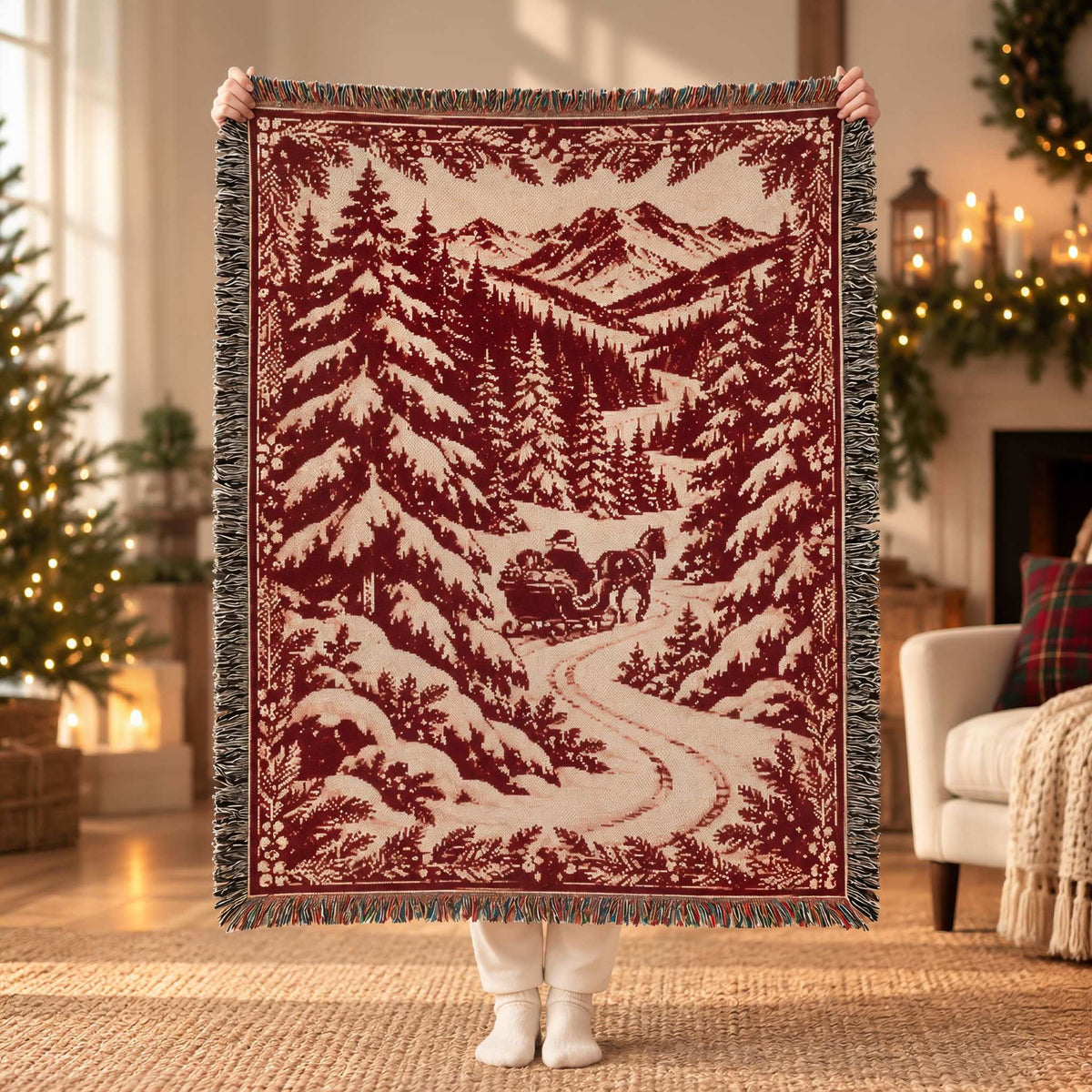 A person holds up a large Christmas woven throw blanket featuring a winter mountain landscape with snow-covered pine trees, a winding road, and a sleigh with Santa in the center. The blanket has dark red and cream coloring with fringed edges.