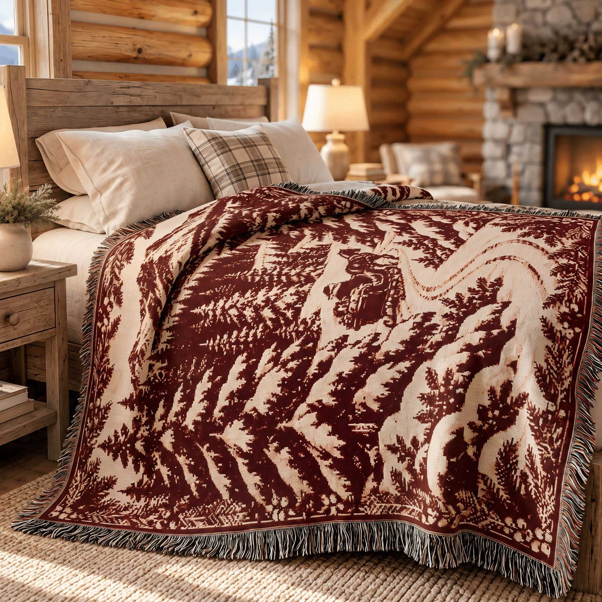 A rustic Christmas woven blanket with a forest and deer design in deep burgundy and cream, styled on a bed in a cozy log cabin bedroom.