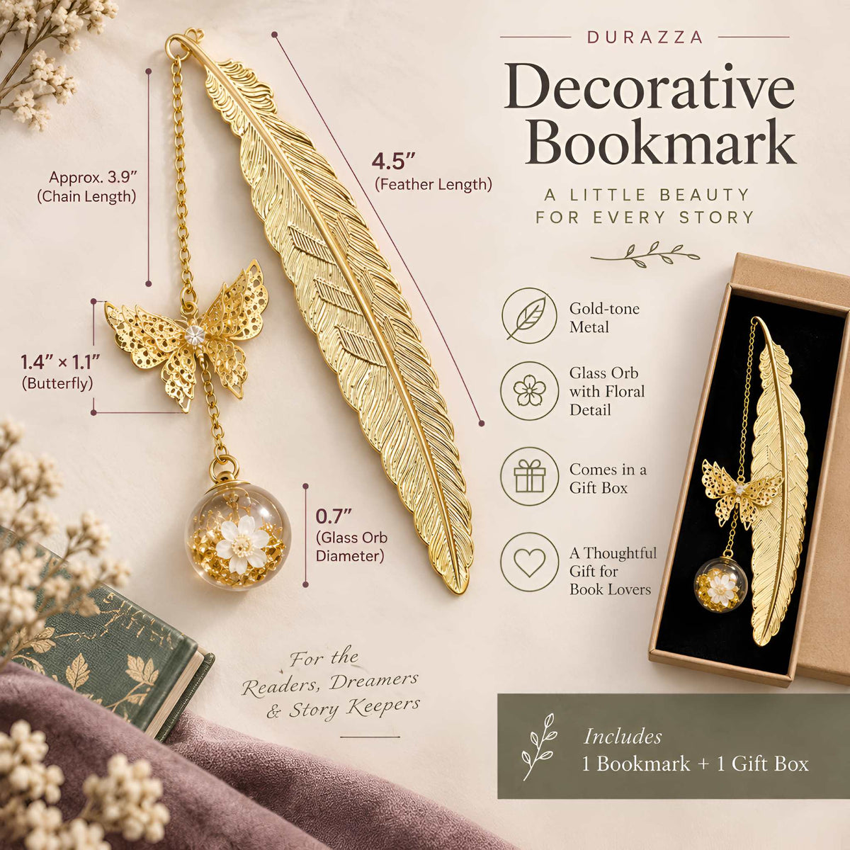 Gold-Tone Feather Bookmark with Butterfly & Floral Glass Orb
