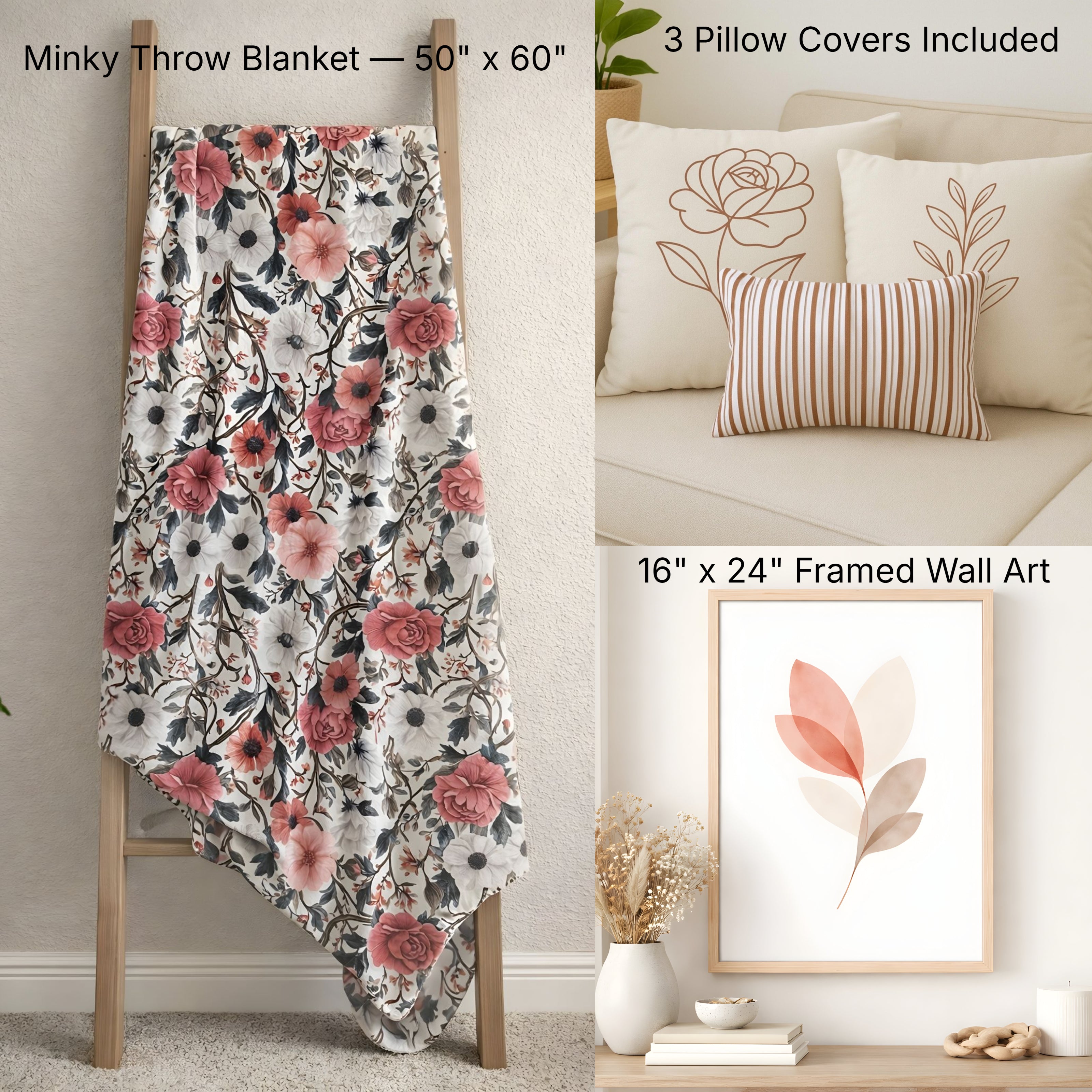 Wild Rosaria Collection Bundle: Minky throw blanket with floral pattern on a wooden ladder, framed wall art, and pillows on a sofa.