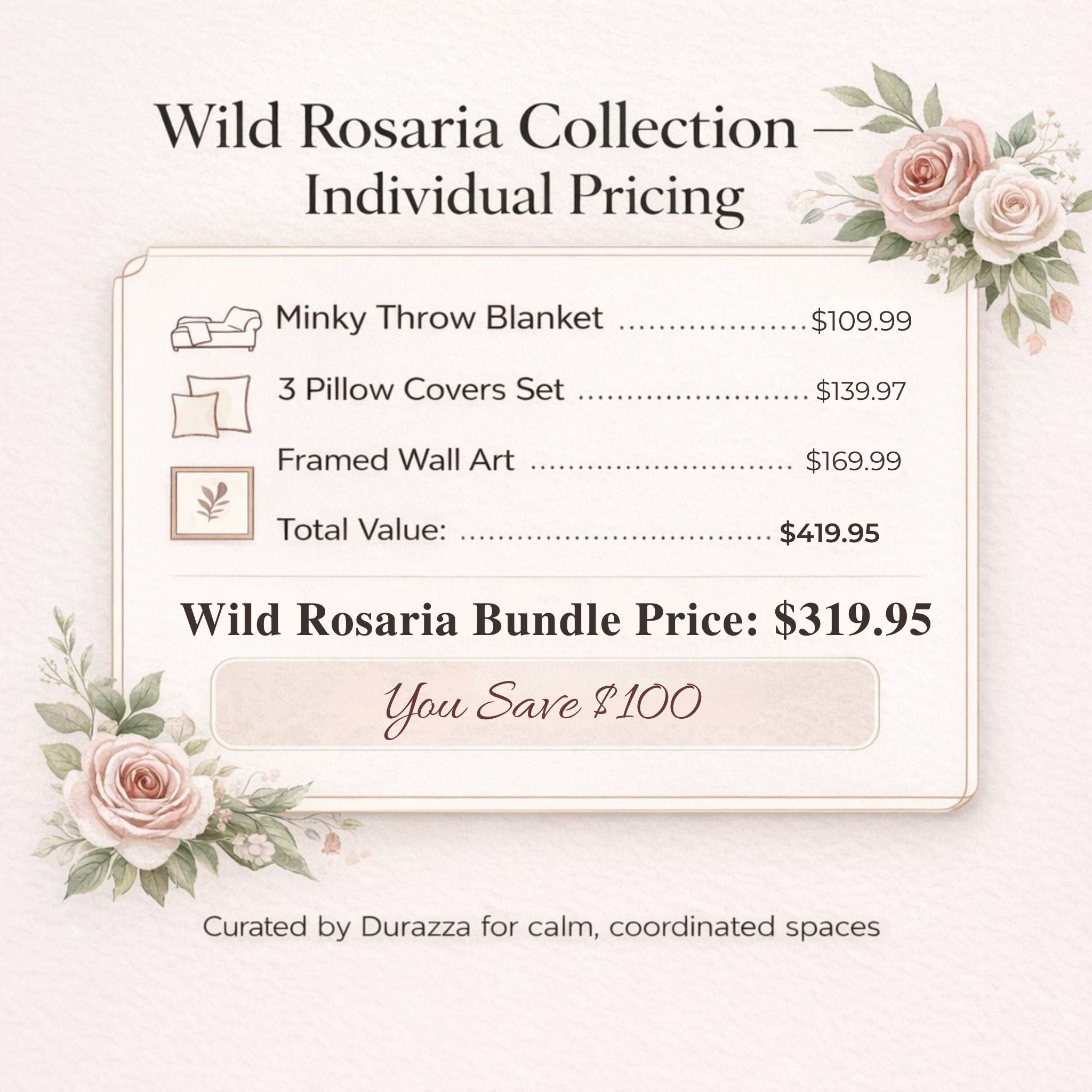 Price list for Wild Rosaria Collection with floral decorations on a white background