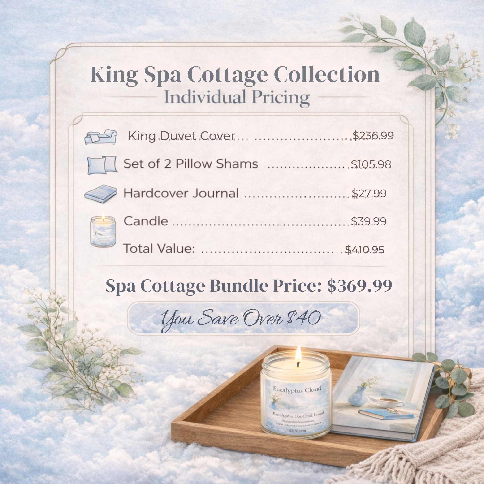 Promotional graphic for King Spa Cottage Collection with pricing and bundle offer on a cloudy background.