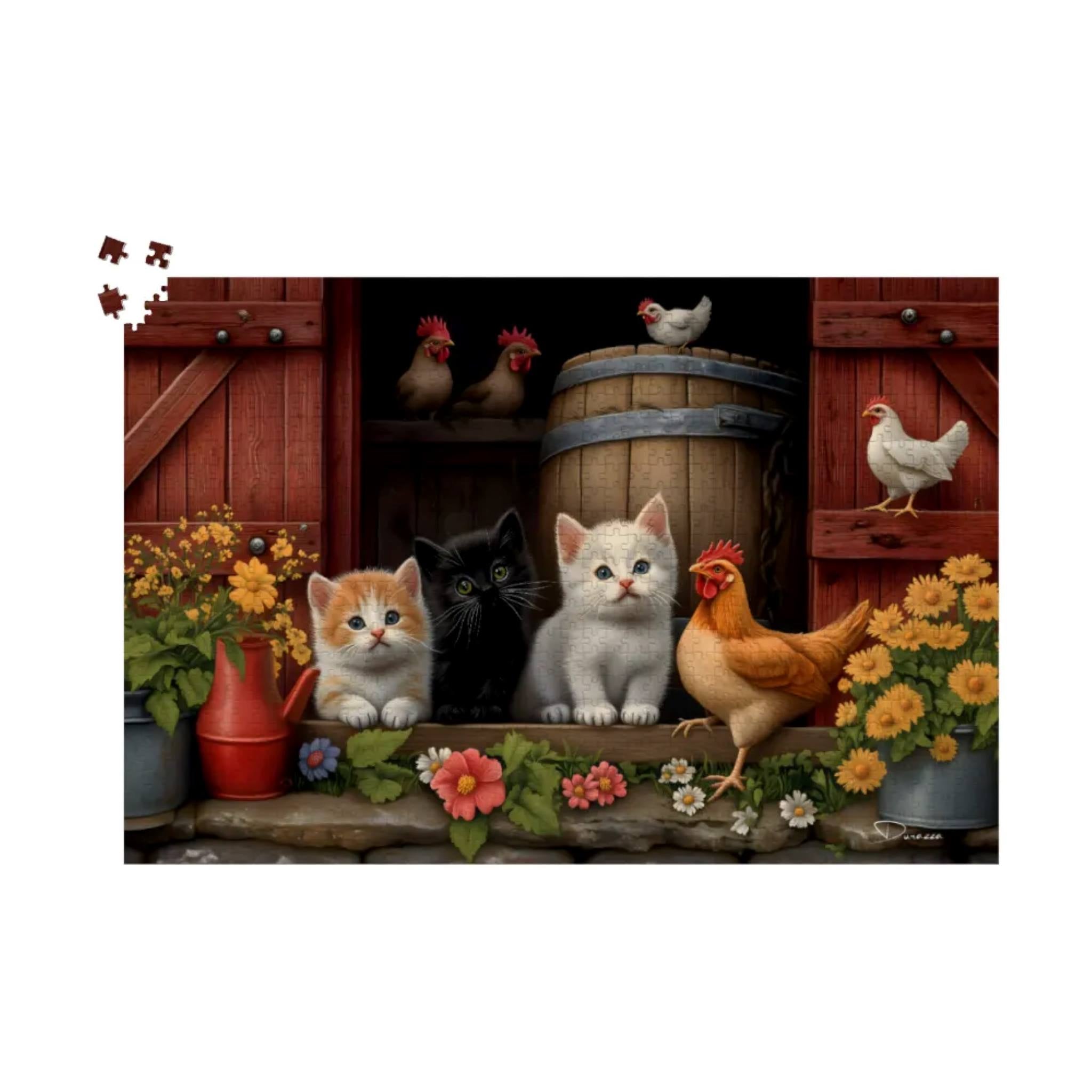 Cat and Chicken Jigsaw Puzzle- Rustic Barn | Barnyard Kitten