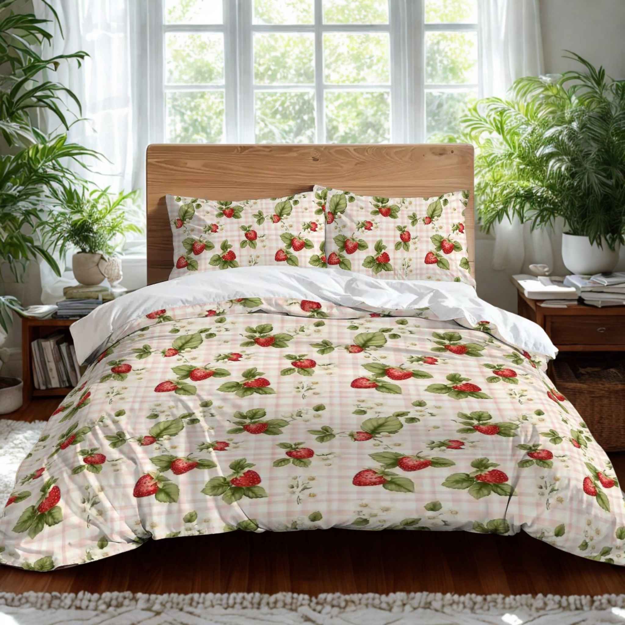 Strawberry Duvet Cover: Cottage Gingham Bedding| Berry Bloom