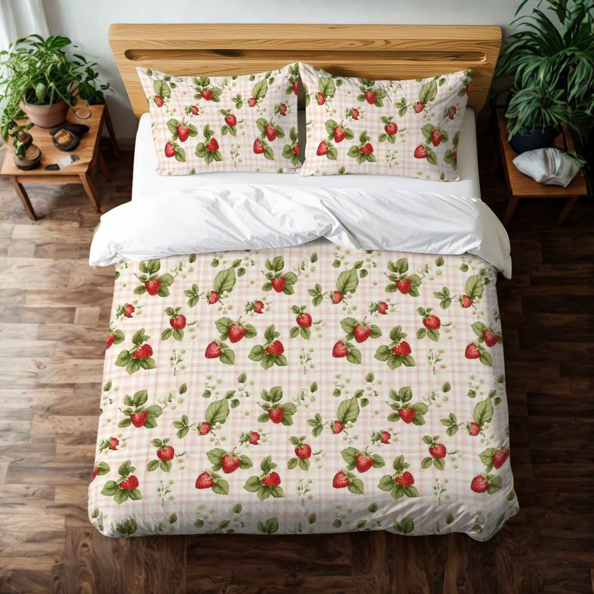 Strawberry Duvet Cover: Cottage Gingham Bedding| Berry Bloom
