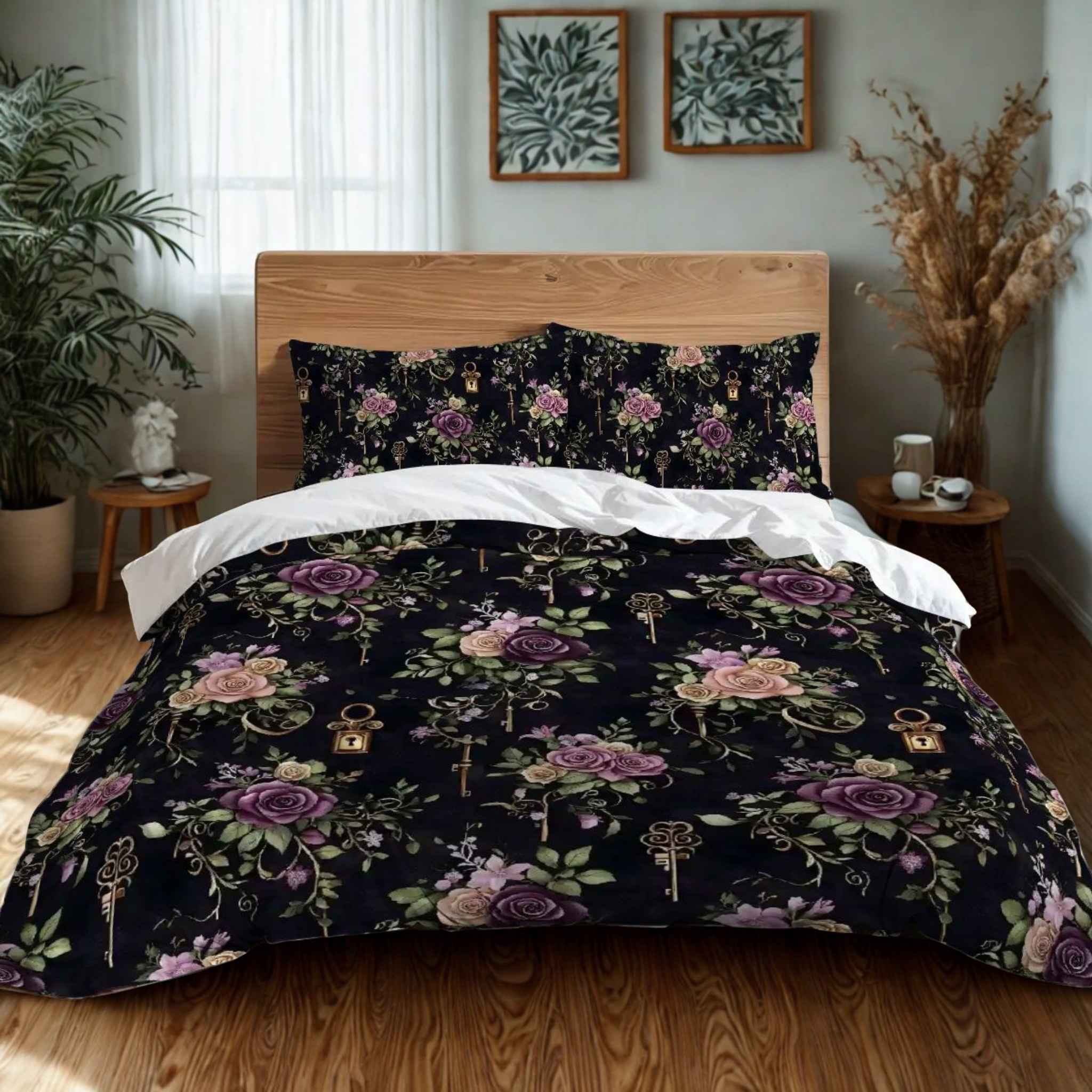 A duvet cover with a gothic floral pattern featuring shades of violet, green, and black, with antique key accents. The cover is displayed on a bed in a room with a wooden headboard, plants, and decorative wall art.