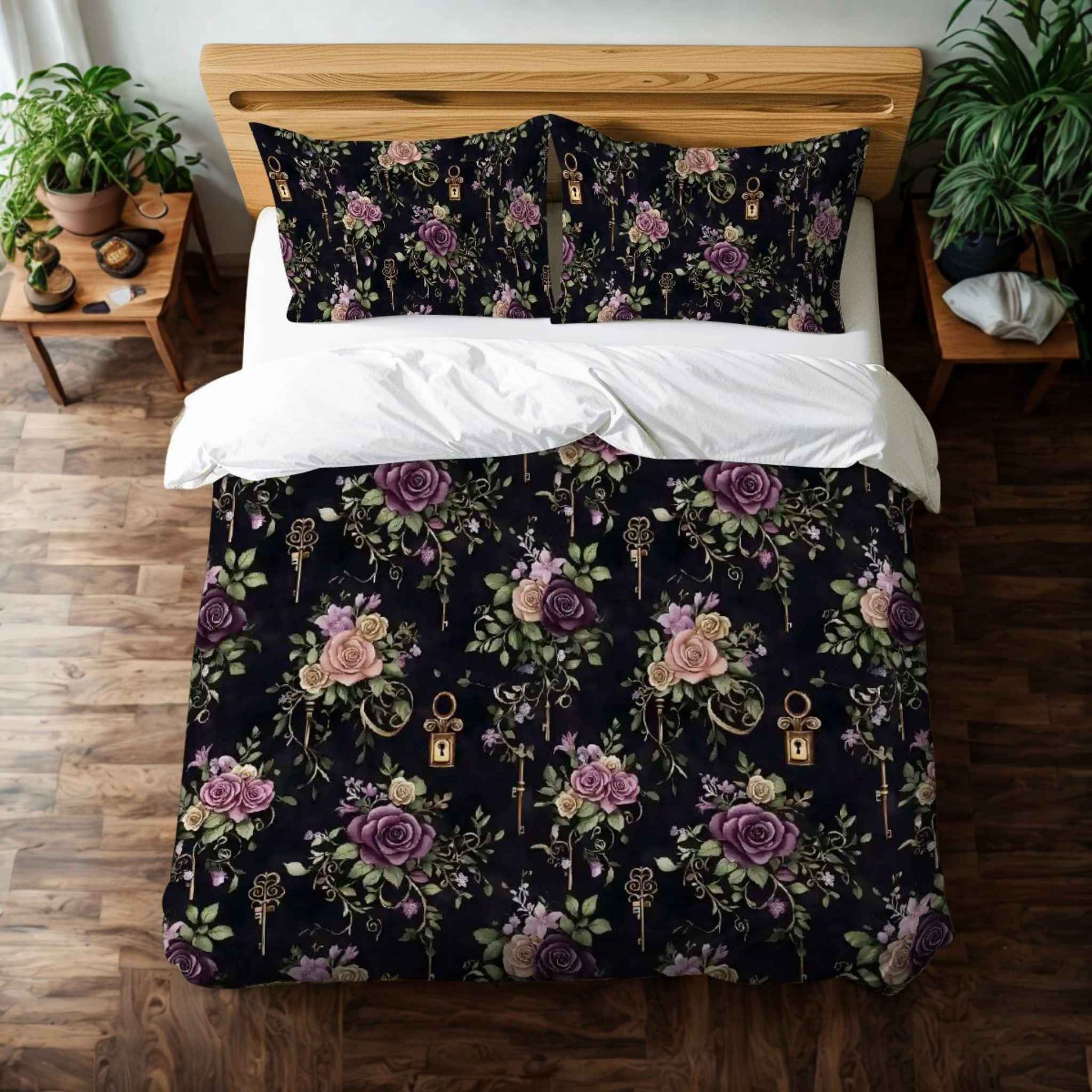 A duvet cover with a gothic floral pattern featuring shades of violet, green, and black, with antique key accents. The cover is displayed on a bed in a room with a wooden headboard, plants, and decorative wall art.