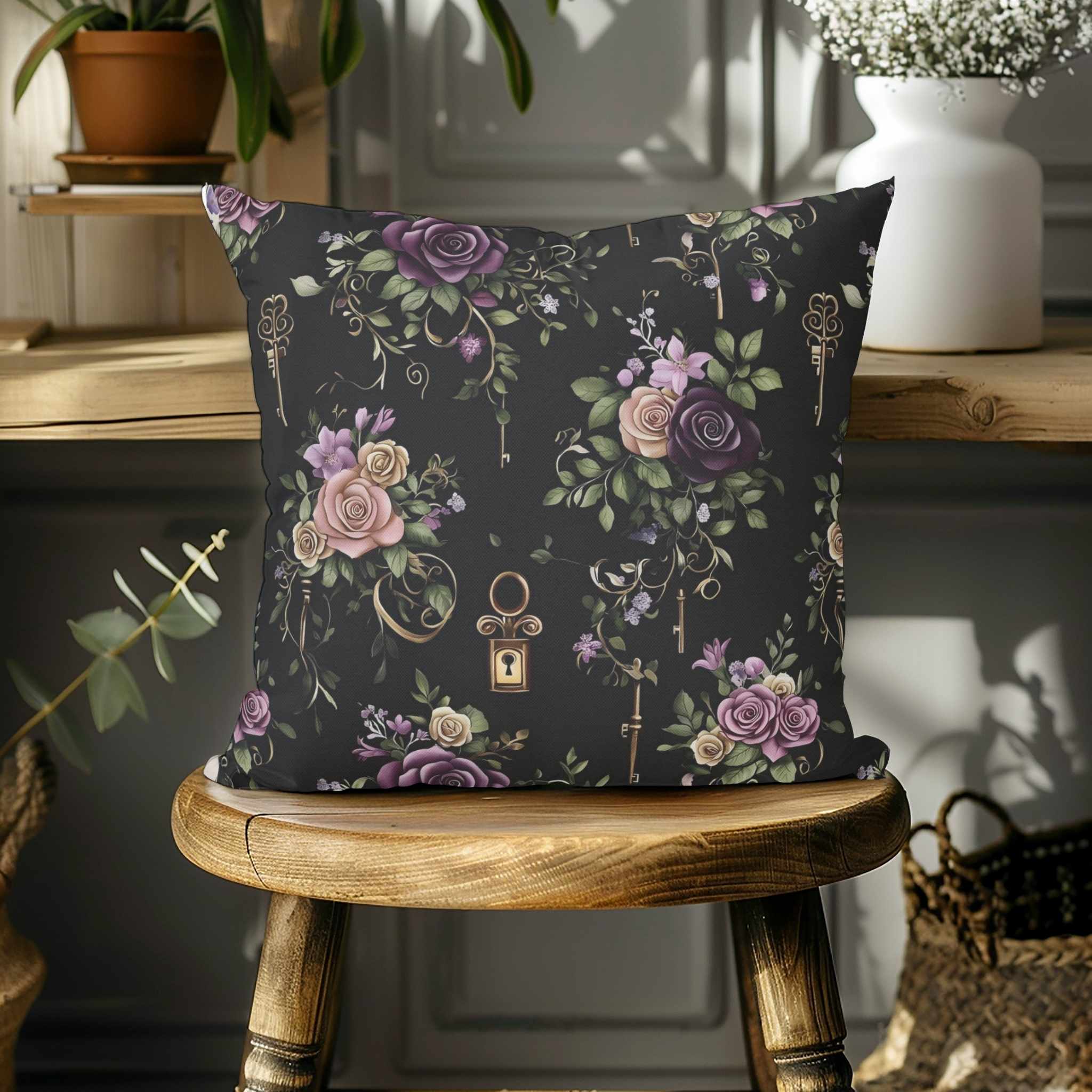 A square-shaped throw pillow with a gothic floral pattern and antique keys design, displayed on a wooden stool.