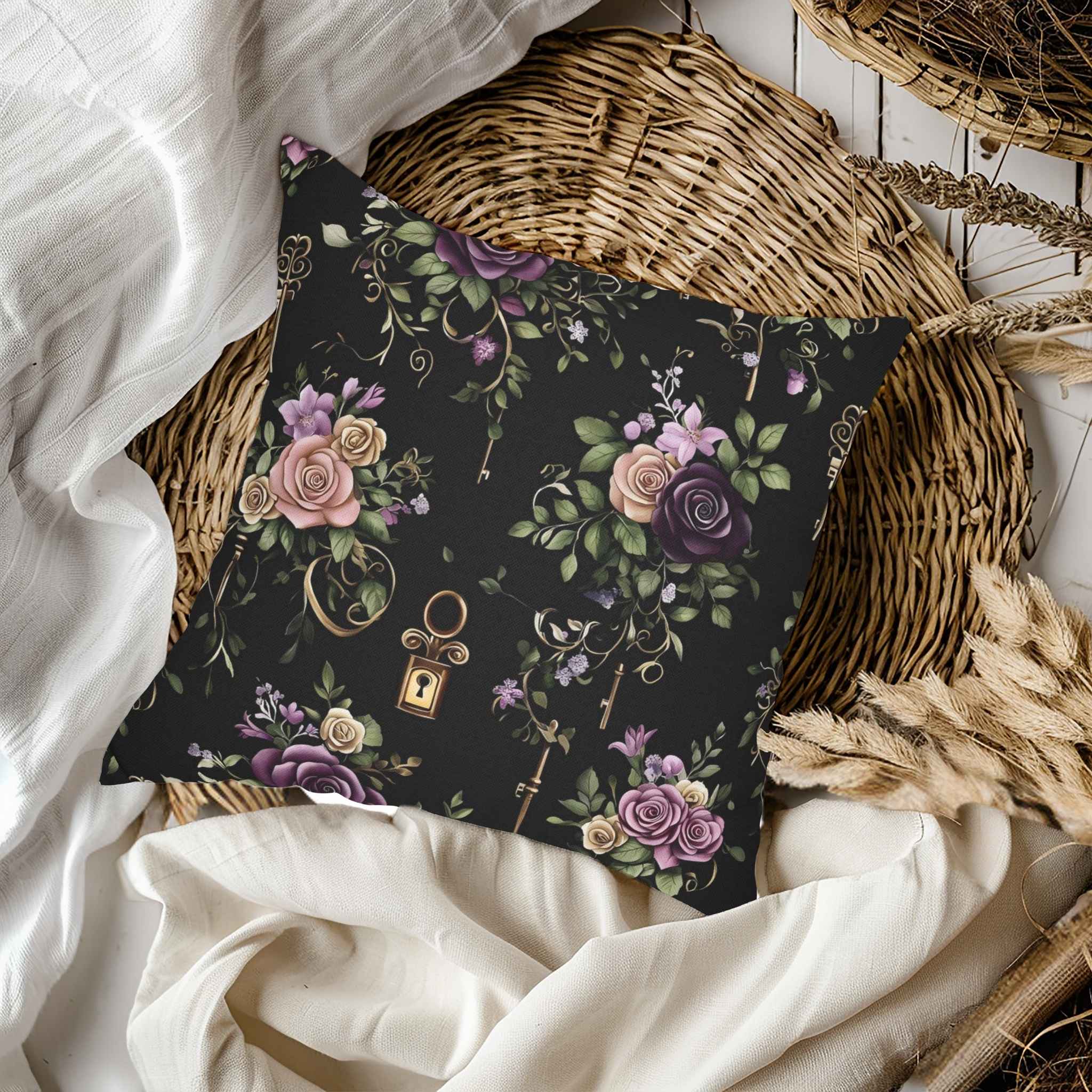 A square-shaped throw pillow with a gothic floral pattern and antique keys design, displayed on a table.