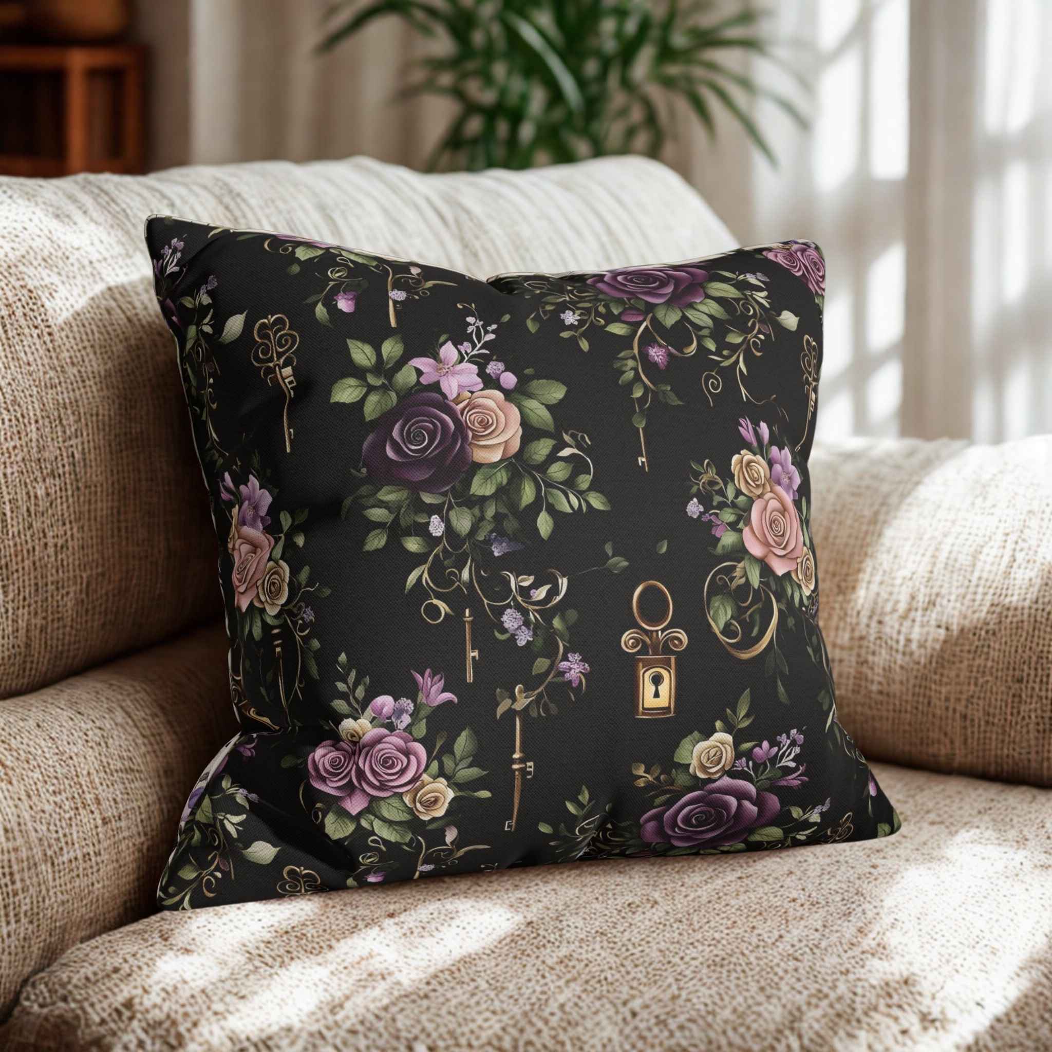 A square-shaped throw pillow with a gothic floral pattern and antique keys design, displayed on a sofa.