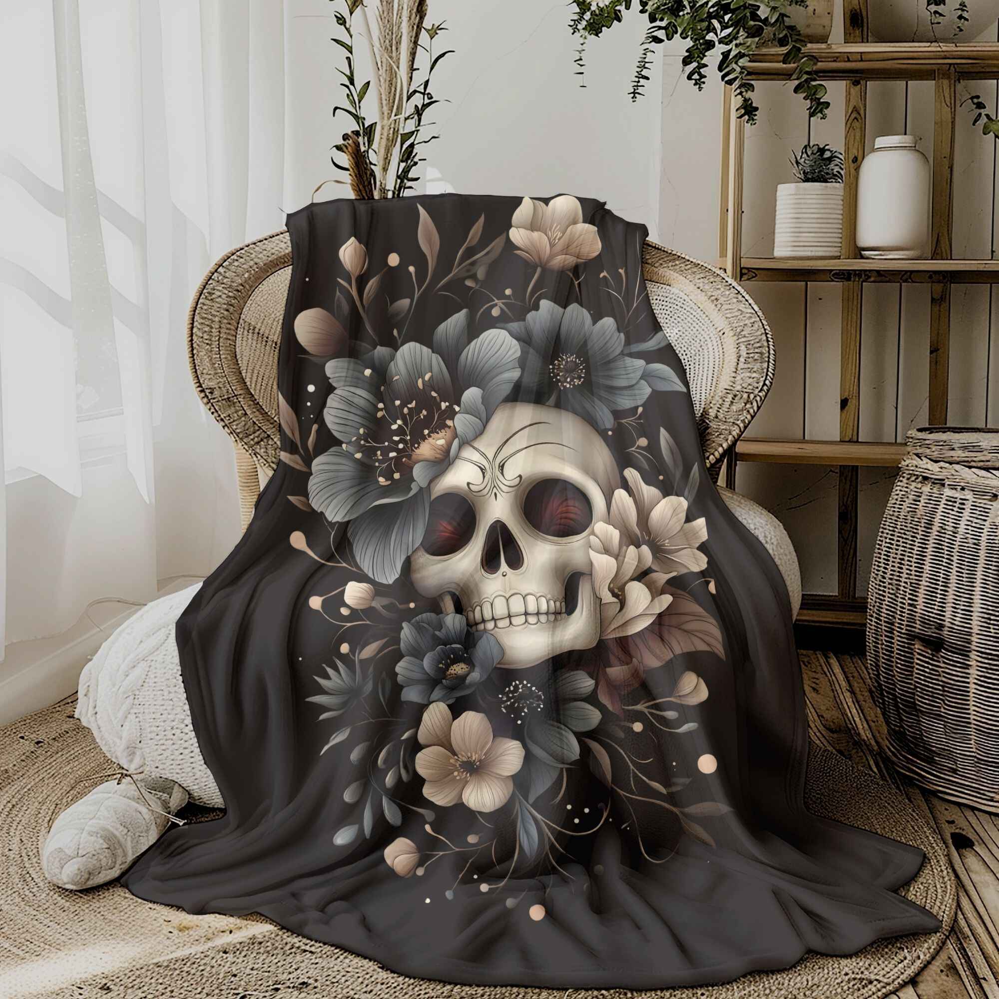 Skull Throw Blanket: Gothic Bohemian Decor | Blue Blossom