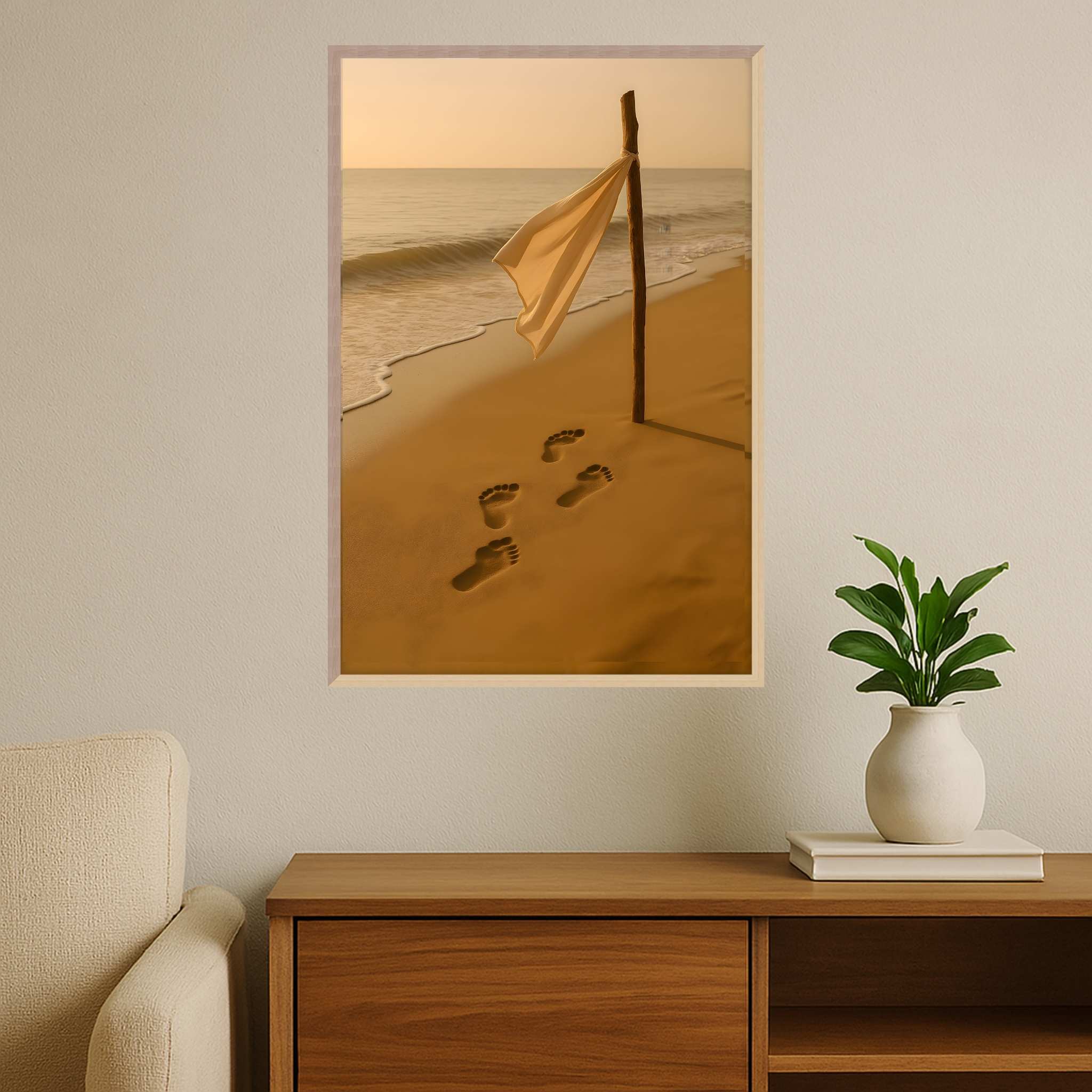 Coastal Wall Art – Golden Footprints on Sand | Bohemian Tide