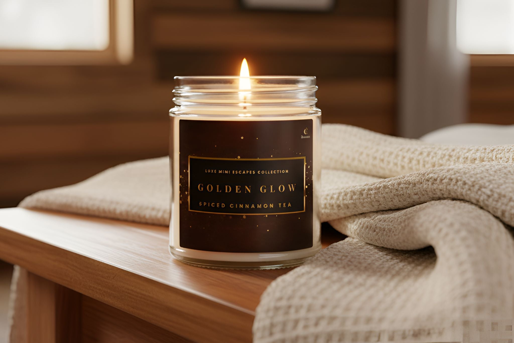 Durazza's Golden Glow candle with spiced cinnamon tea scent sitting on a wood table in a rustic cabin.