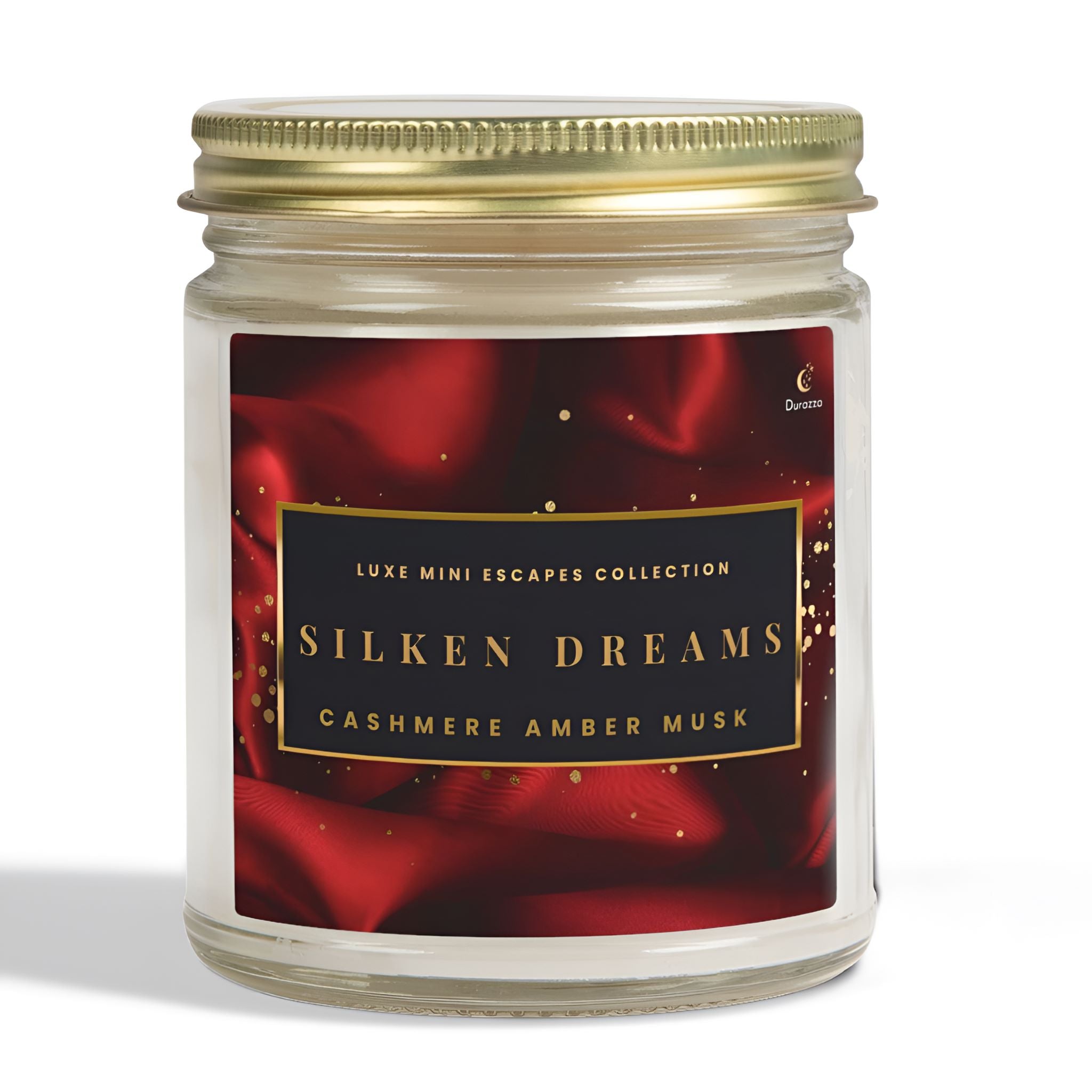 Durazza's Luxe mini escapes collectoion Silken dreams candle in cashmere amber musk scent.