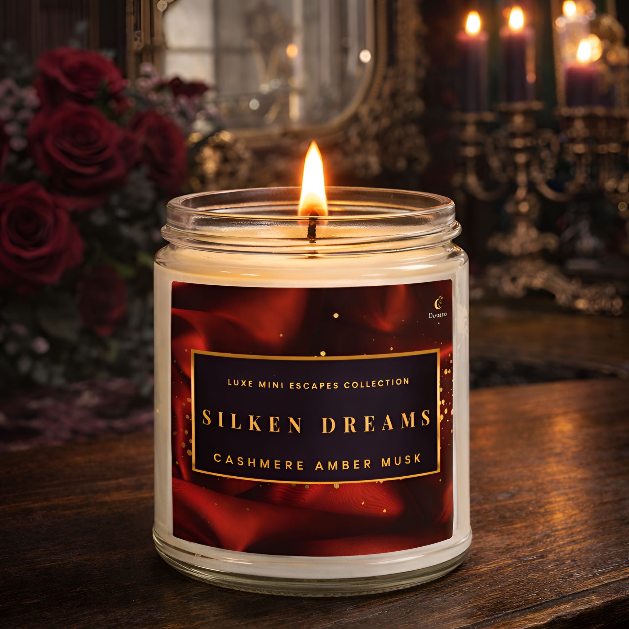 Cashmere Amber Musk scented candle named Silken Dreams by Durazza on a wooden table in a Victorian Gothic Room.