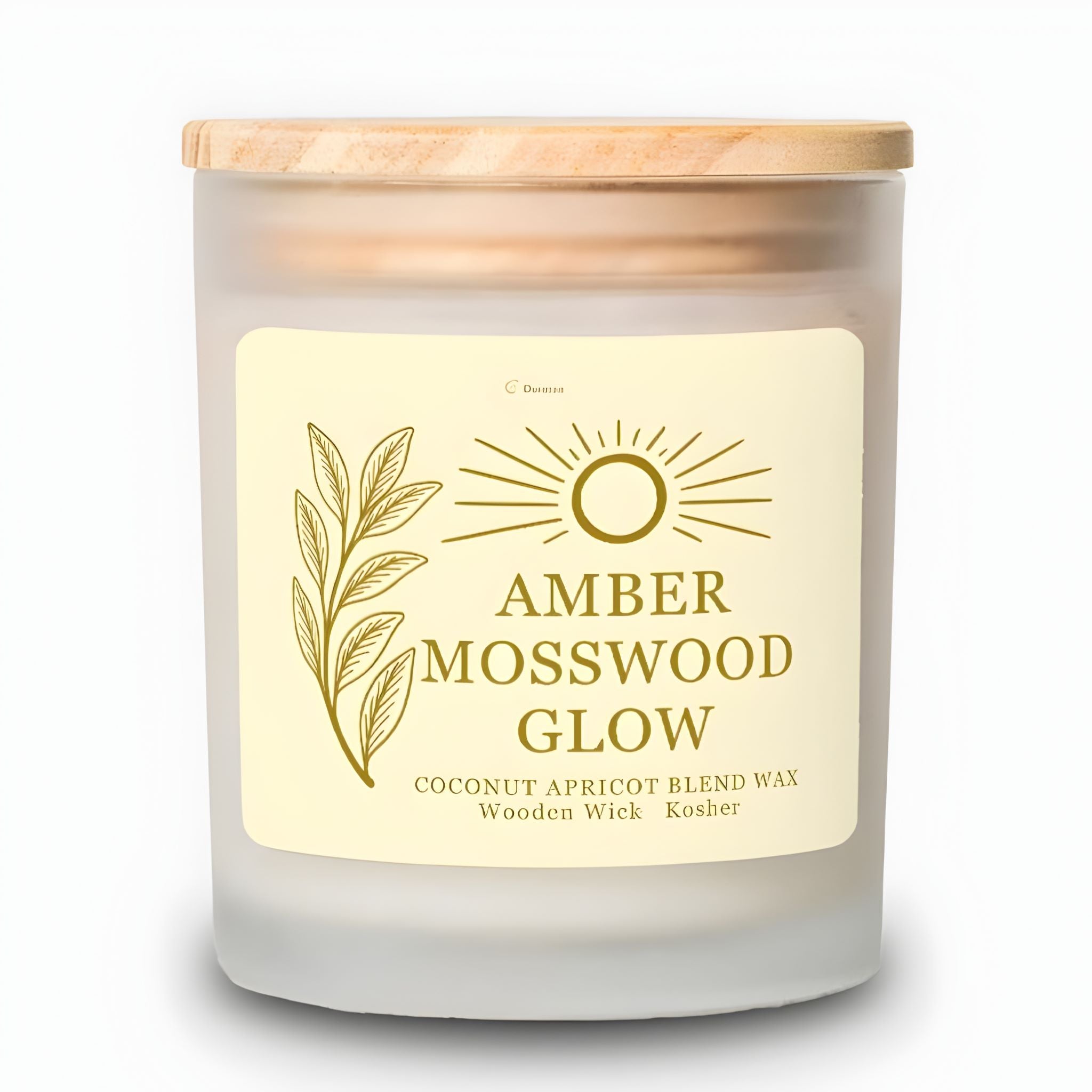 Woodsy scented wood wick candle with a wooden lid and 'Amber Mosswood Glow' label on a frosted glass jar.