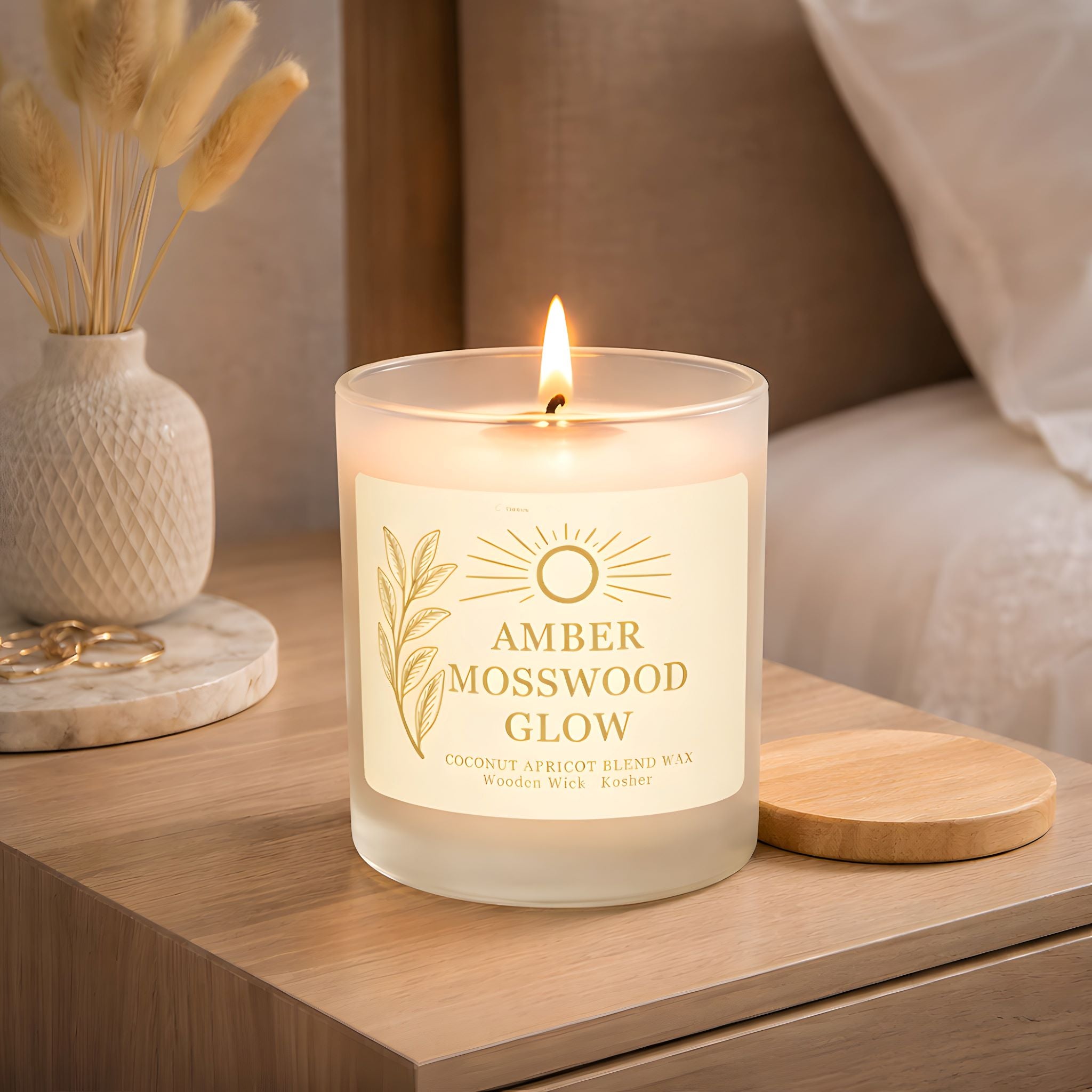 Earthy scented candle labeled 'Amber Mosswood Glow' on a Mediterranean wooden surface with decorative elements.