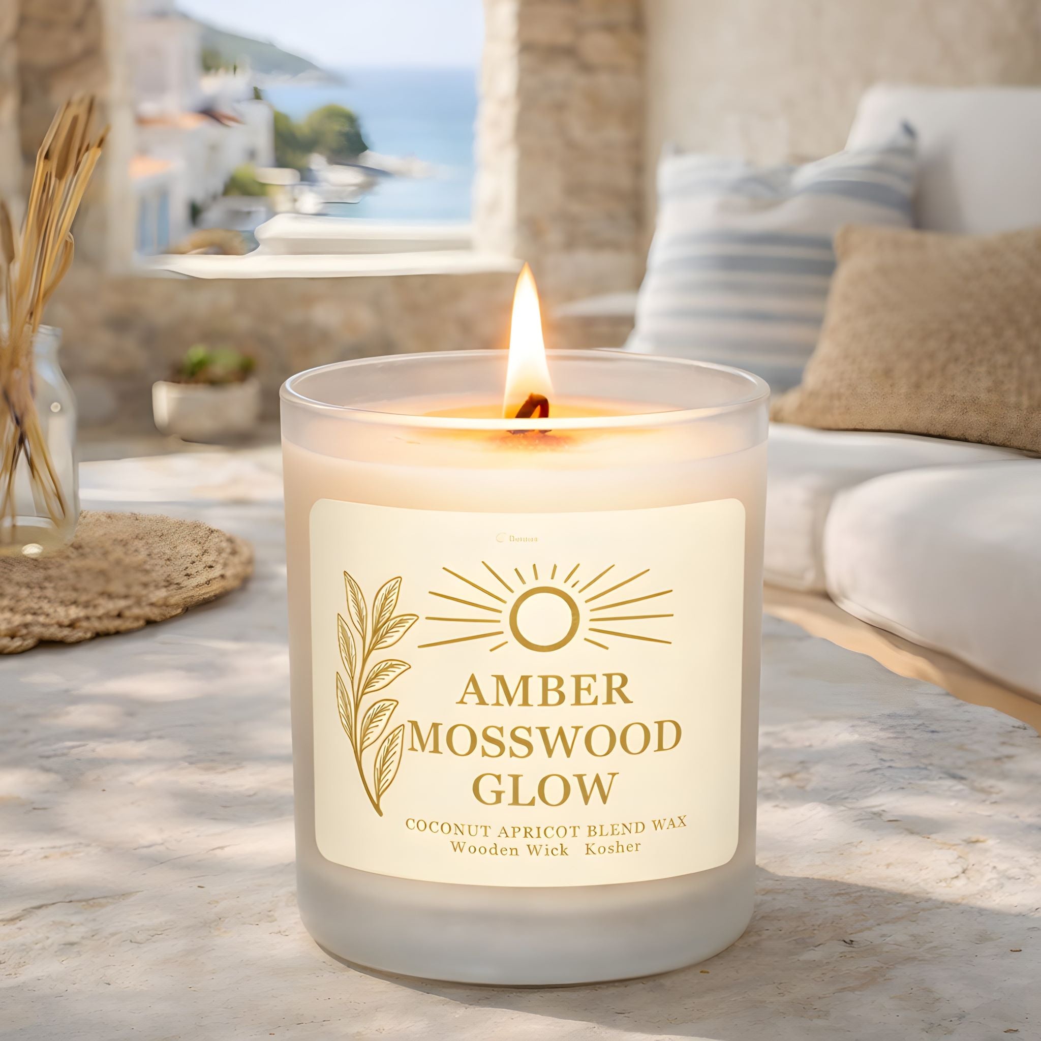 A Mediterranean cottage candle with a wood wick in amber mosswood scent on a table.