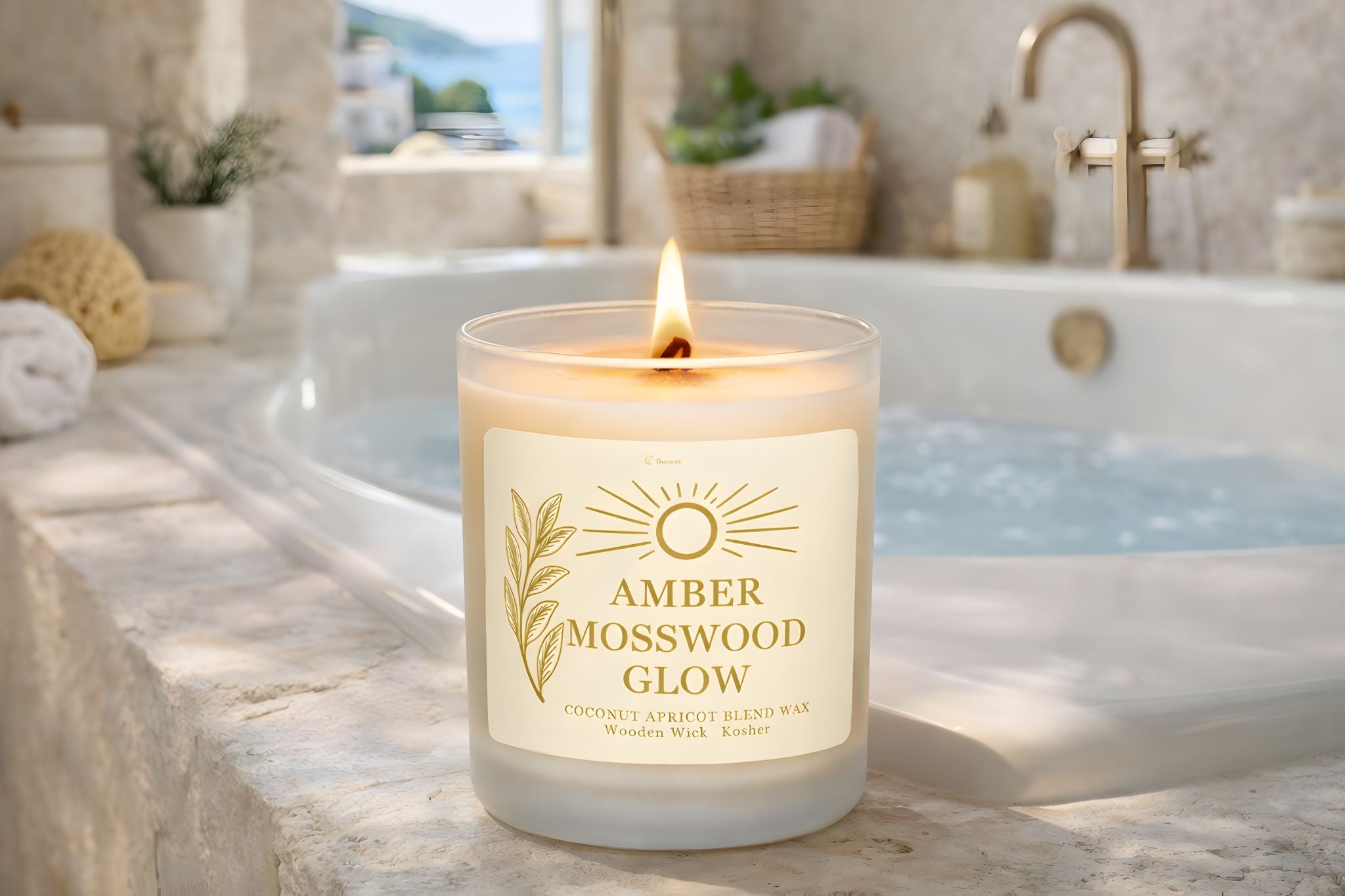 Candle labeled 'Amber Mosswood Glow' on a Mediterranean bathroom counter with a bathtub in the background.