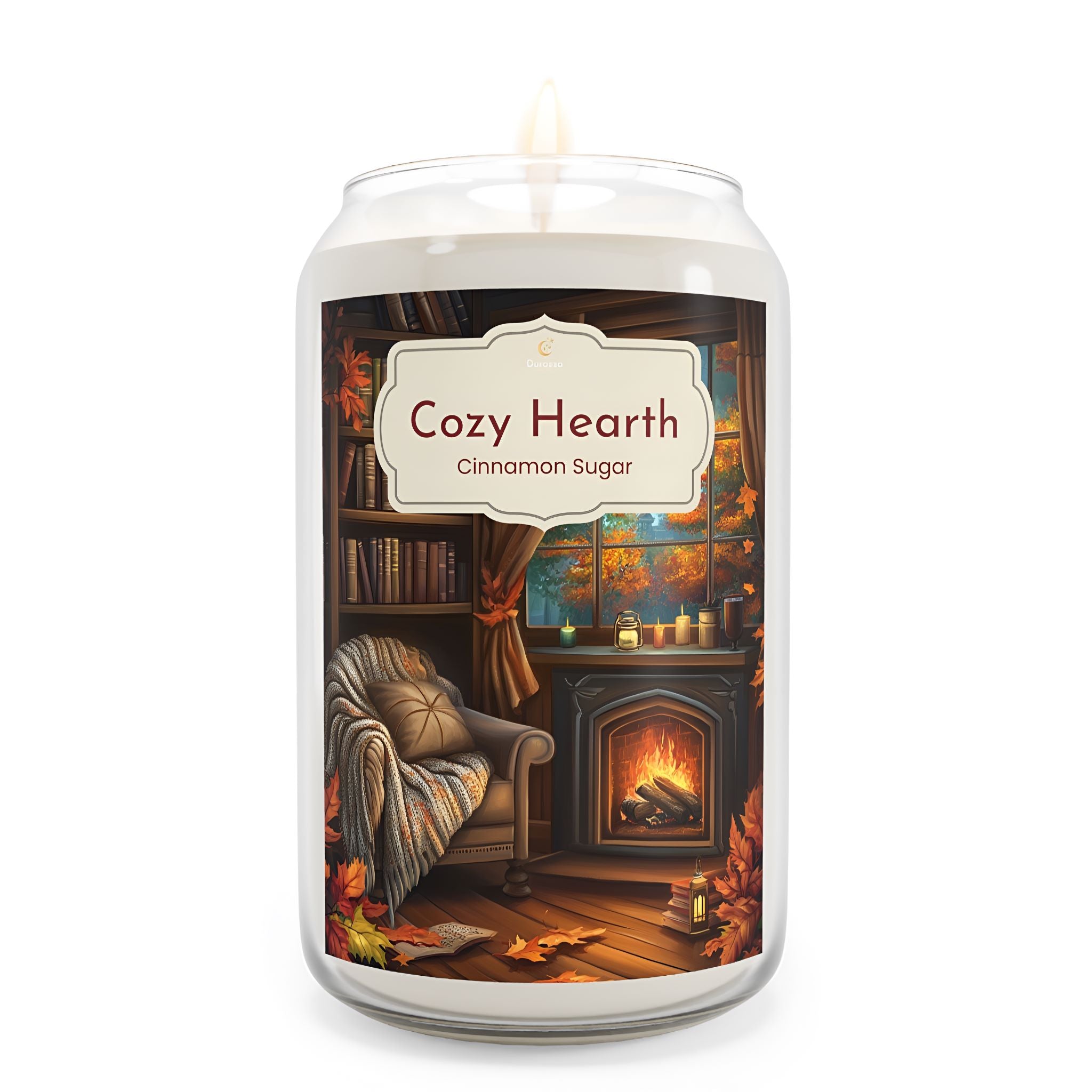 Fall scented cinnamon and sugar candle with an illustrated fireplace and cozy chair on the label.