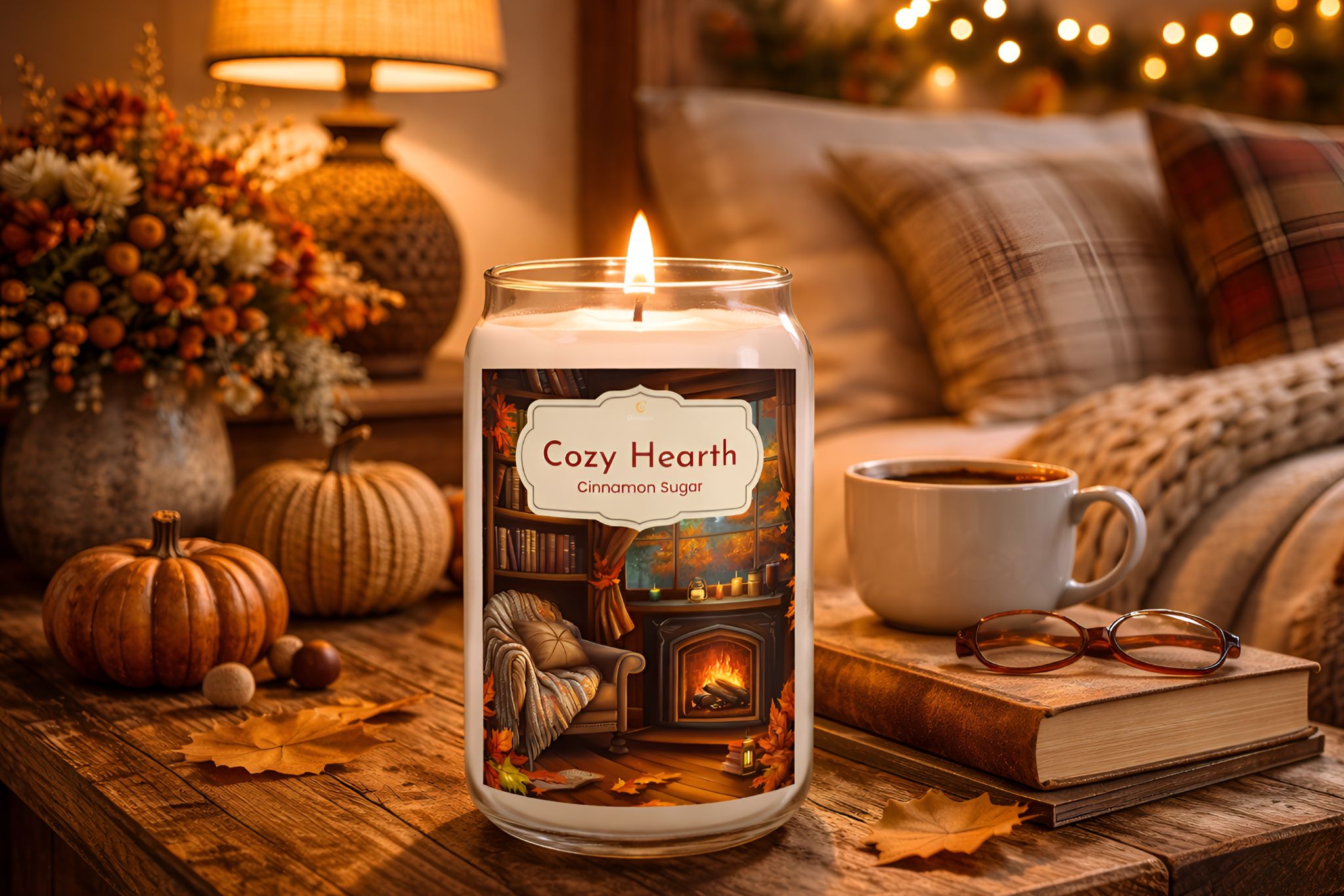 Fall Cinnamon and Sugar candle on a table with pumpkins, a cup of coffee, and a book in an Autumn bedroom setting.