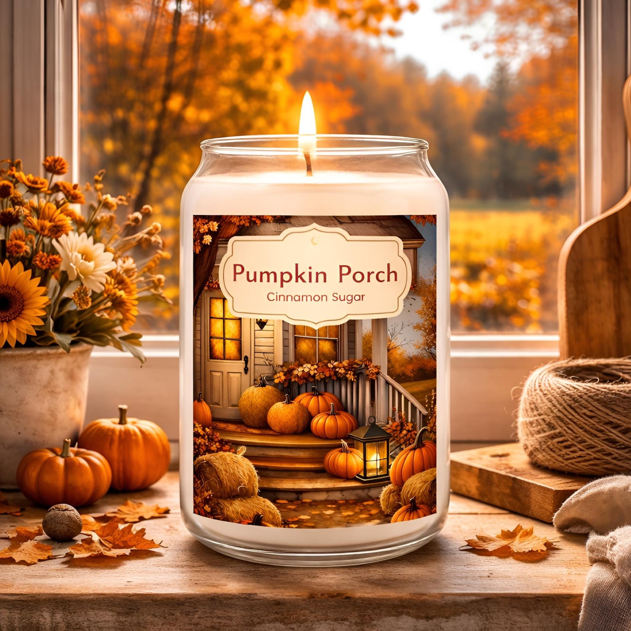 A cinnamon and sugar scented candle on a window sill during the Autumn months.