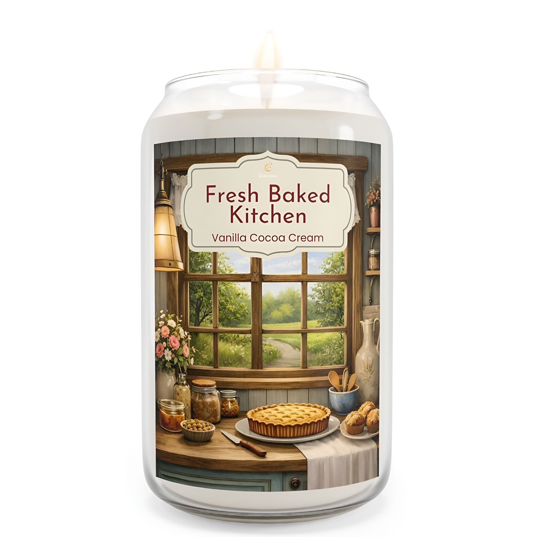 Vanilla and cocoa scented candle with a cottage kitchen label.