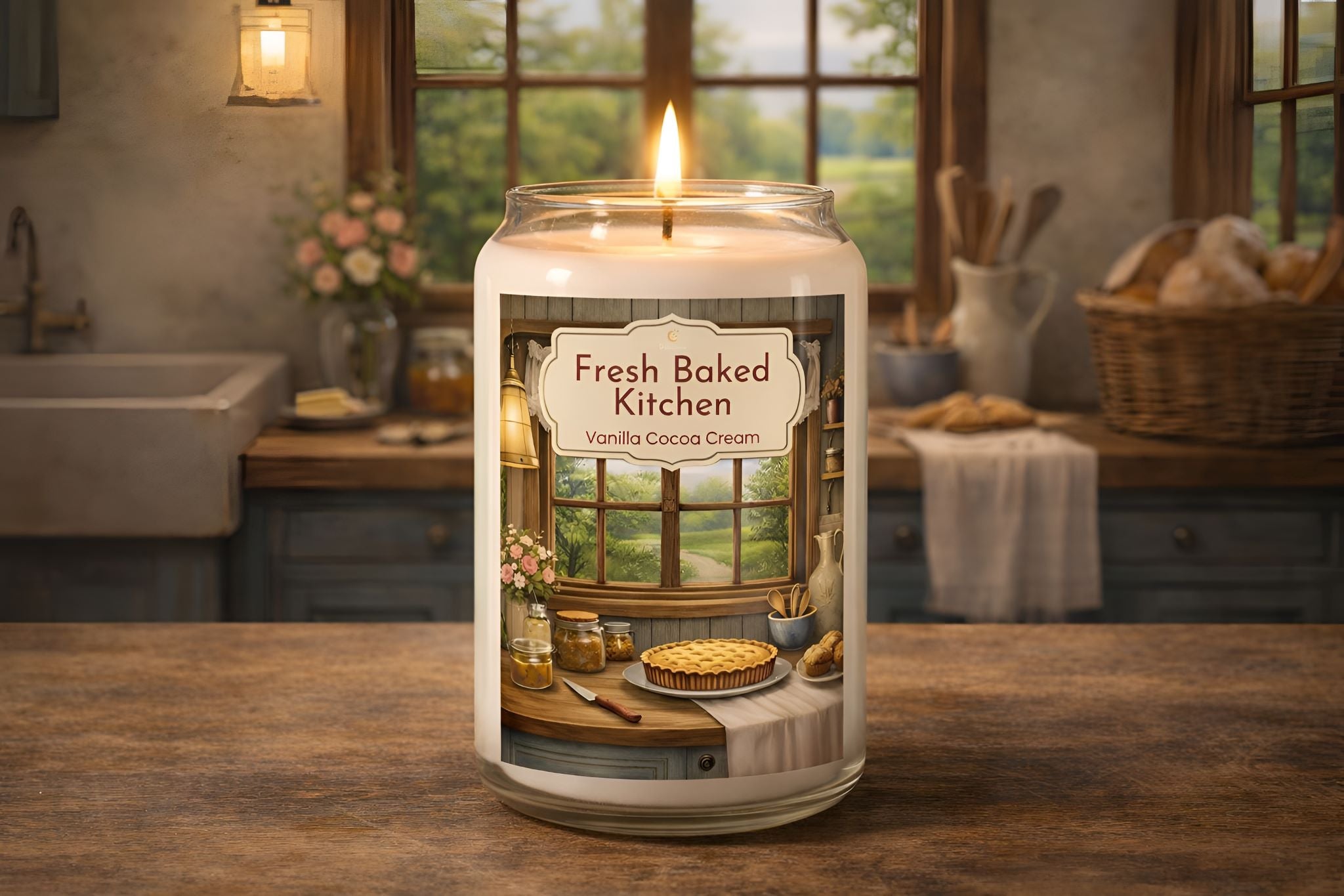 Cocoa and vanilla scented candle with 'Fresh Baked Kitchen' label in a kitchen setting