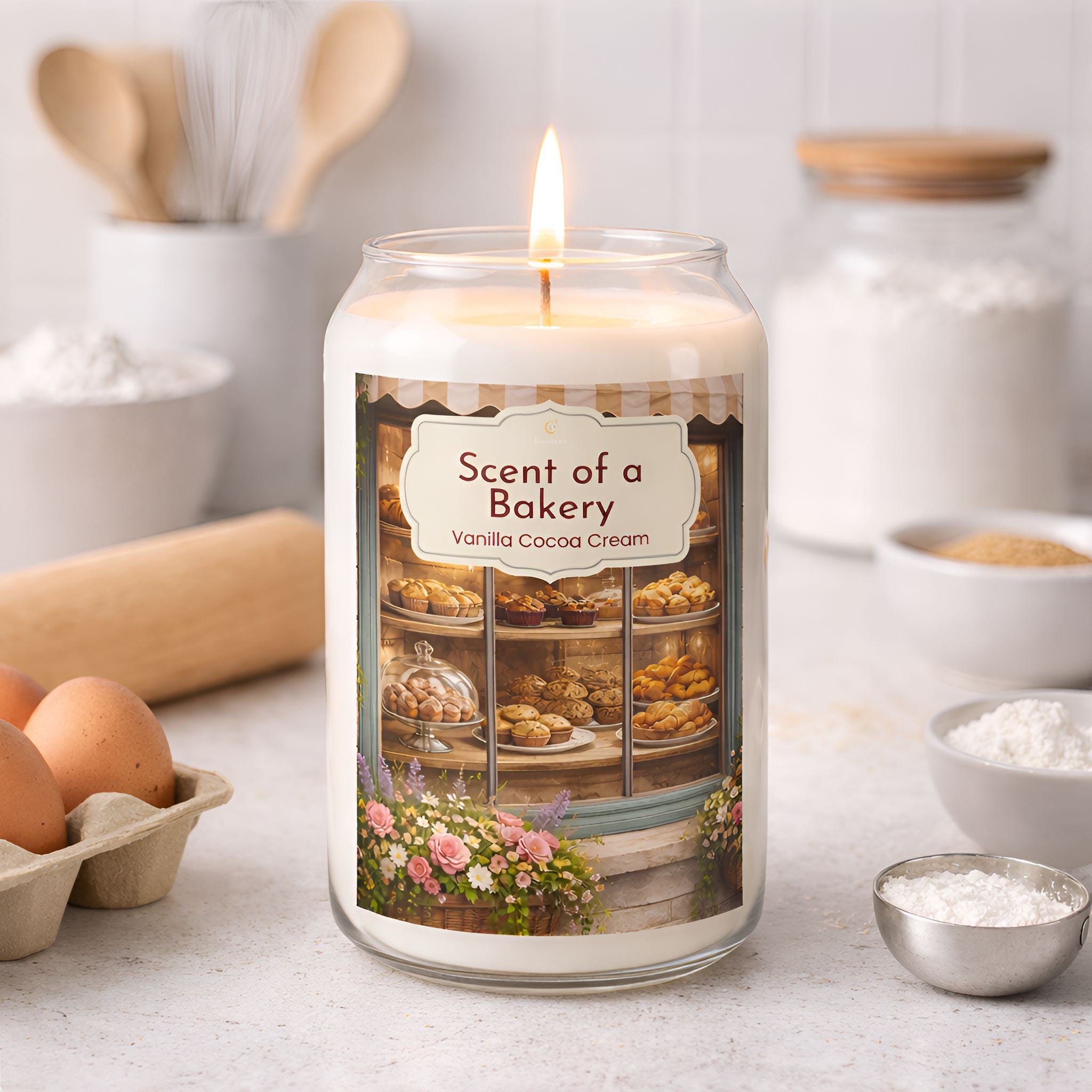 Vanilla and cocoa scented candle on a kitchen counter with baking supplies.