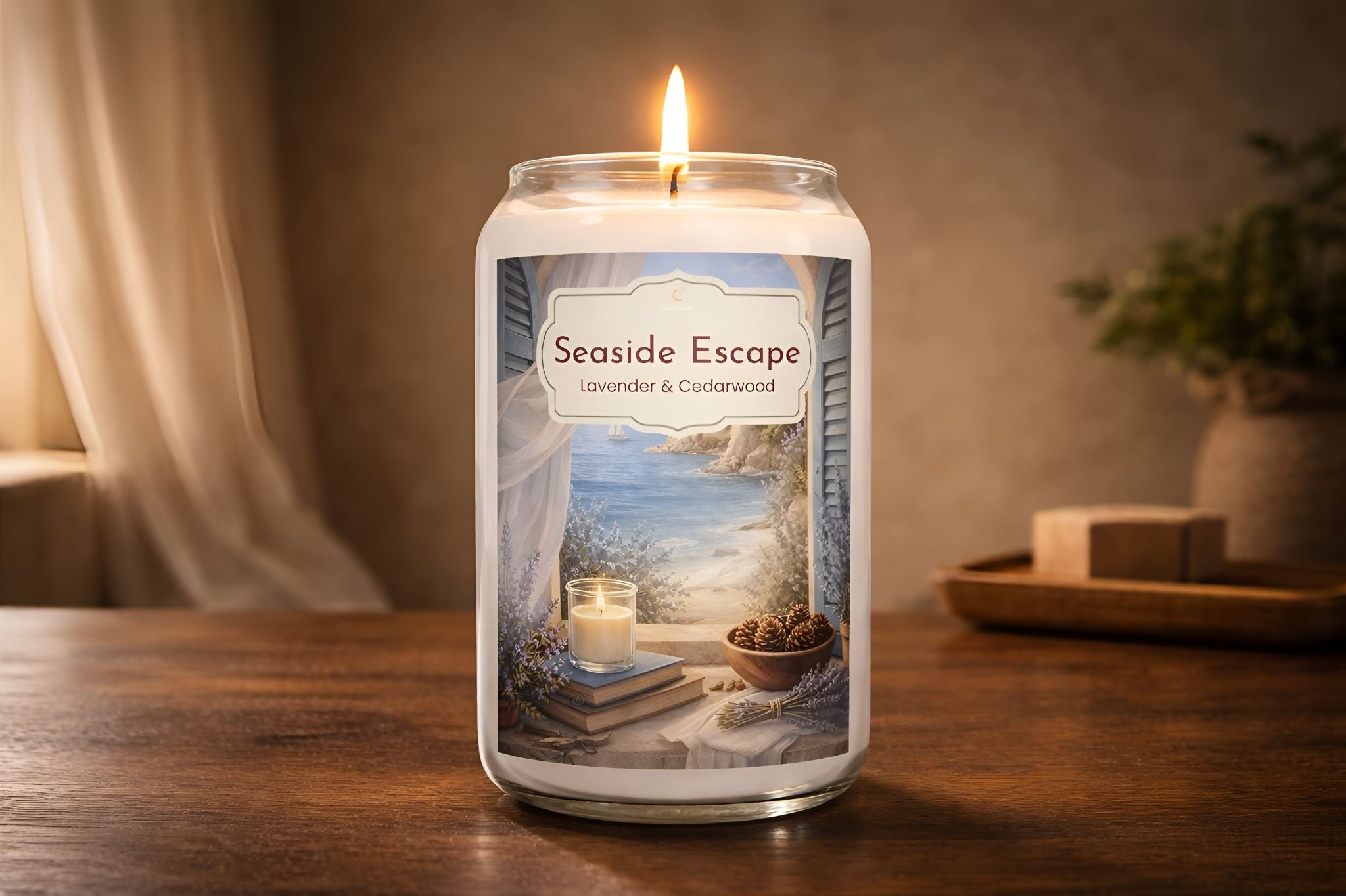 Lavender scented candle in a glass jar labeled 'Seaside Escape' on a wooden table in a Meditteranean styled home.